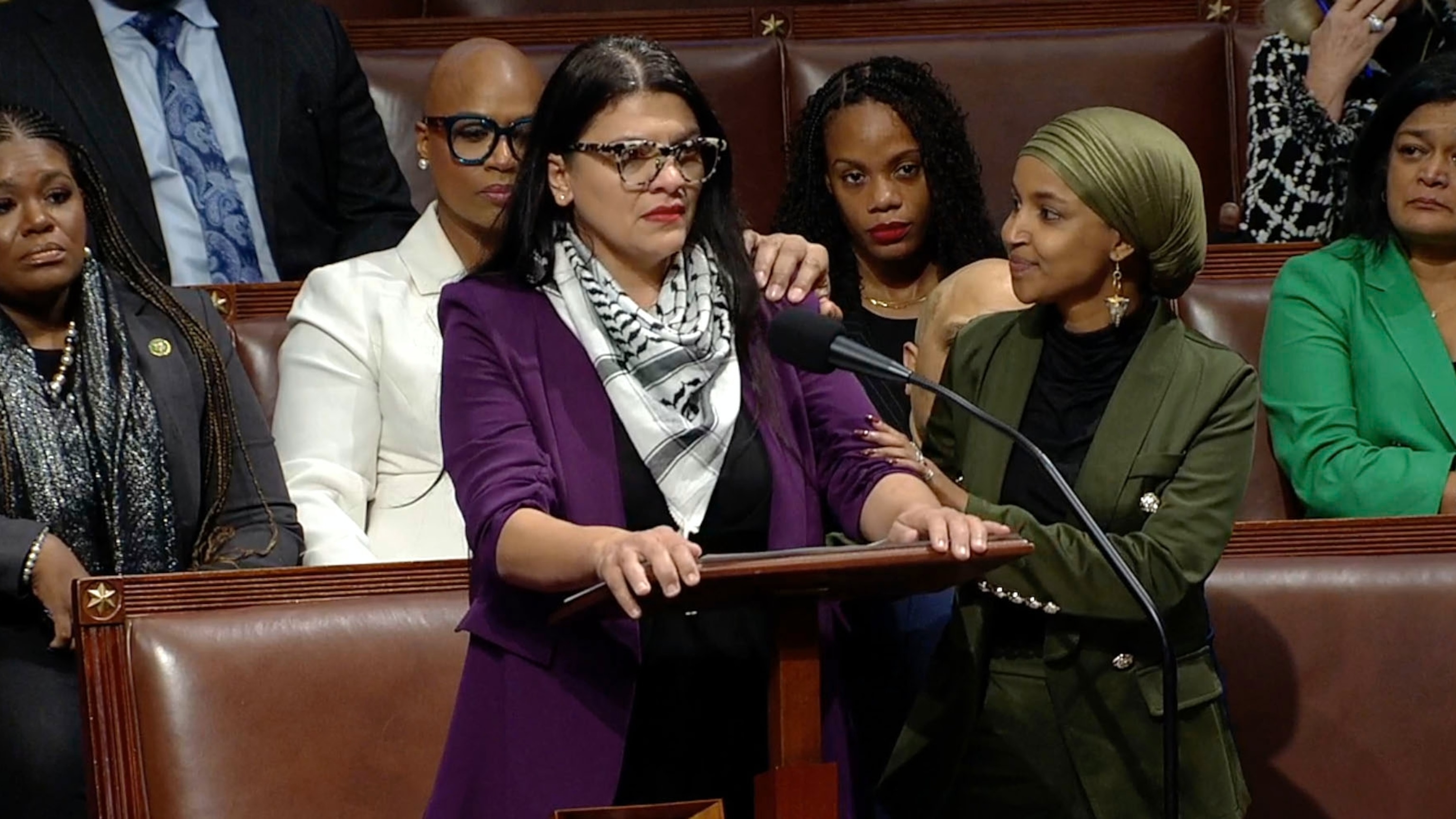 PHOTO: Rep. Ilhan Omar comforts Rep. Rashida Tlaib as she speaks on the House floor on Nov. 7, 2023, in Washington, D.C.