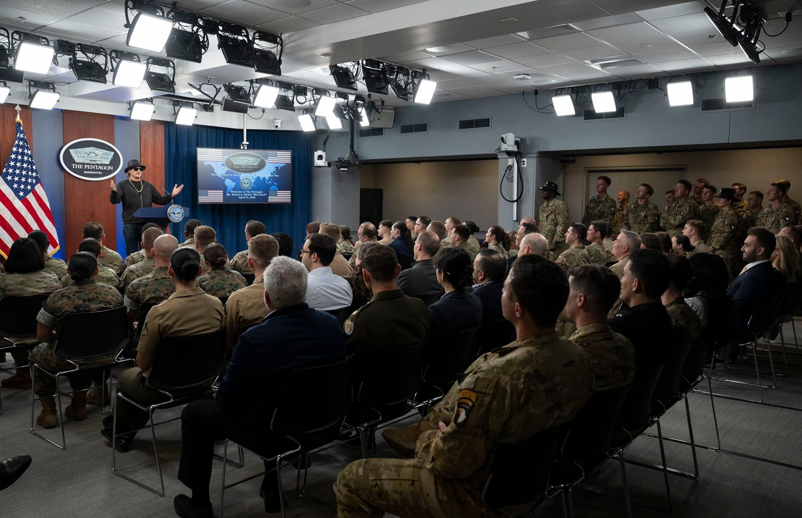 PHOTO: Kid Rock speaks to military personnel  at the Pentagon in Washington, April 27, 2026.