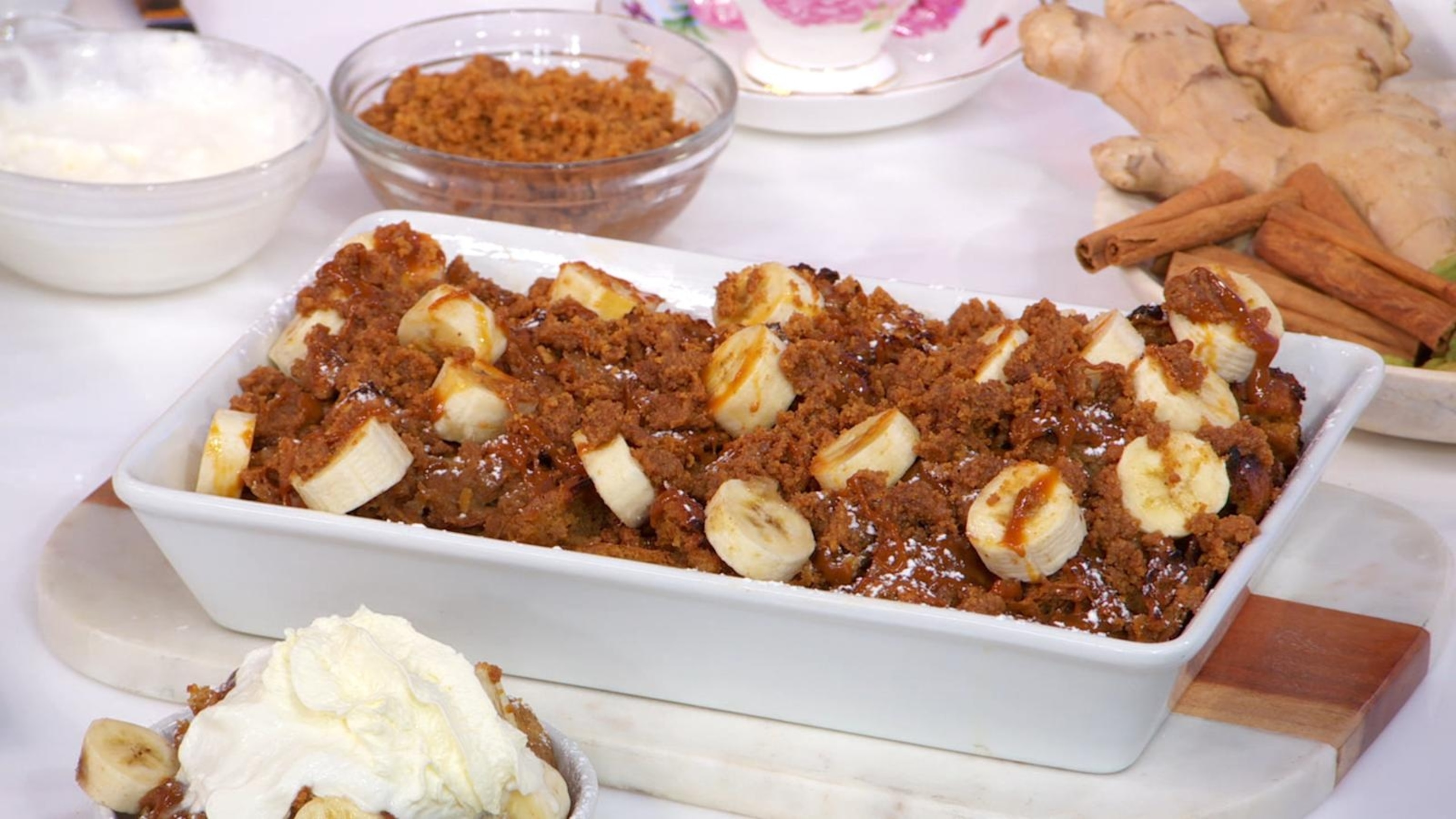 PHOTO: A platter of banoffee French toast casserole topped with dulce de leche.