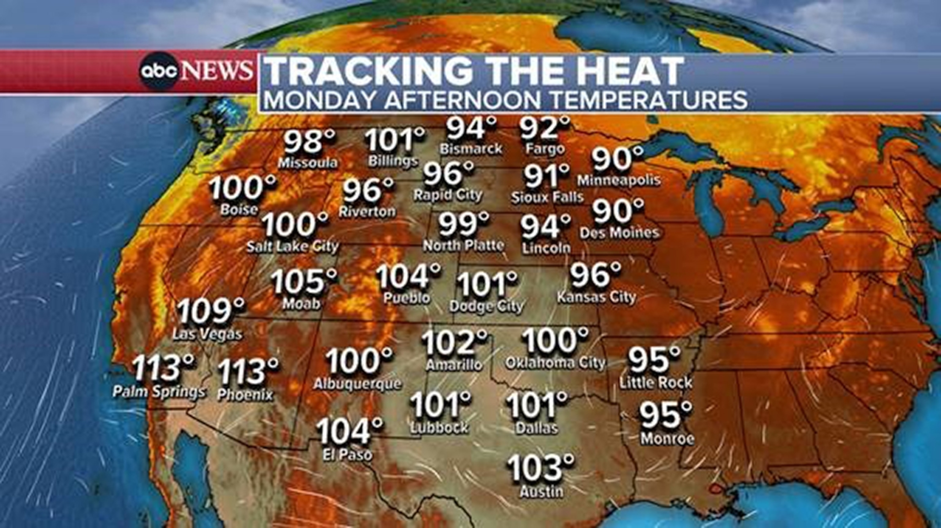 PHOTO: The latest weather forecast for the United States shows scorching temperatures will linger in the Southwest while intensifying in the Midwest during the week of July 24, 2023.