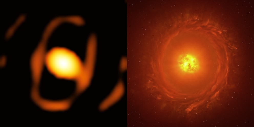 PHOTO: This image on the left is the first close-up picture of a star outside our galaxy, and the image on the right shows an artist’s impression reconstructing the geometry of the structures around the star.