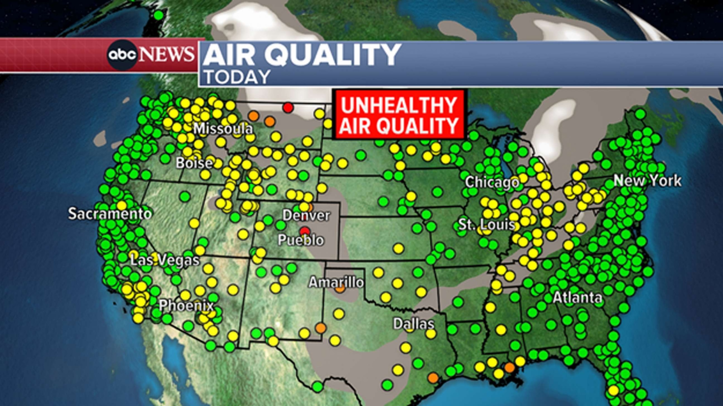 PHOTO: The wildfires in Canada continue to burn, leading to smoky skies over a large portion of the northern US as shown in this air quality weather map.