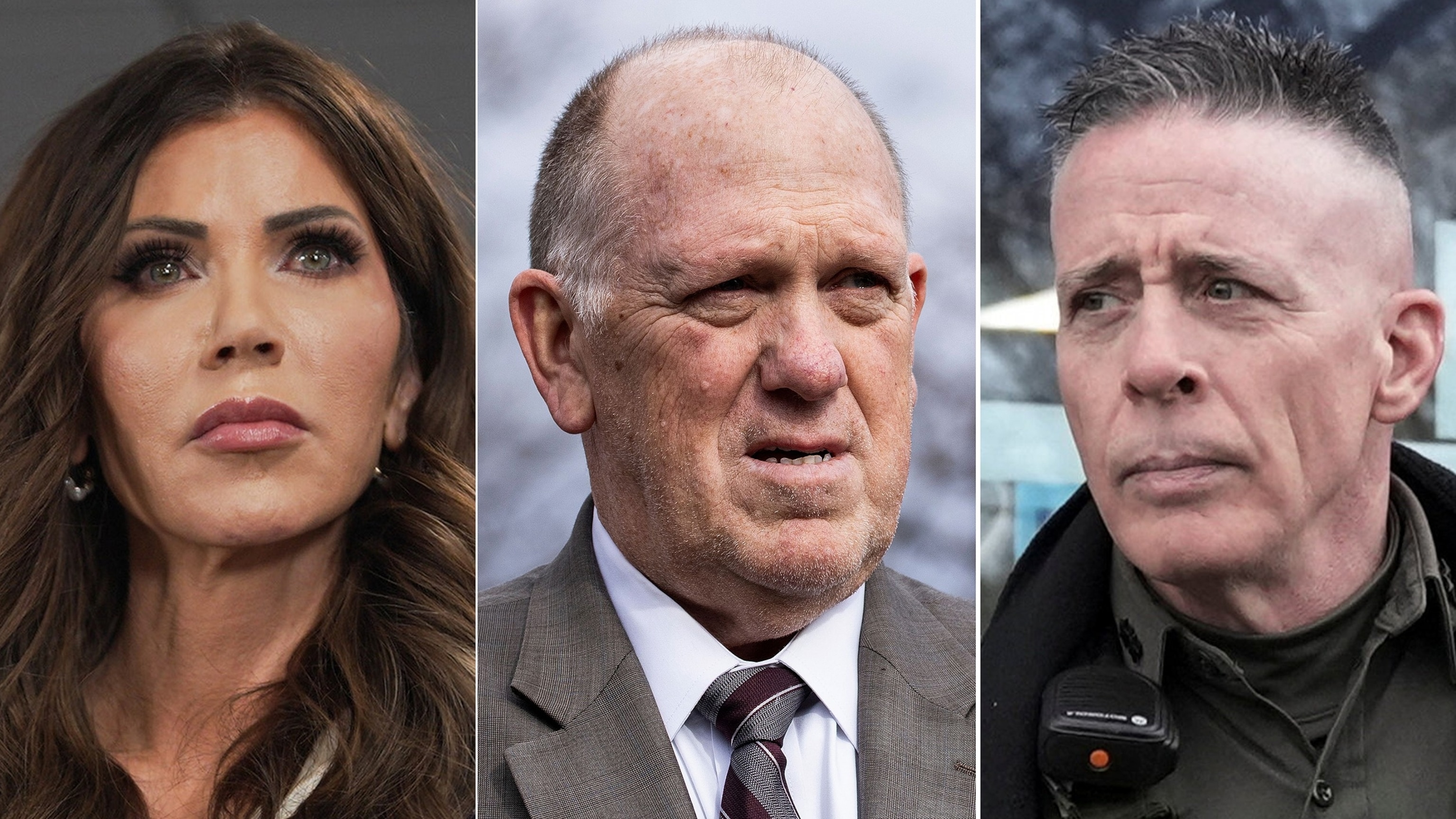 Foto: Kristi Noem, secretaria de Seguridad Nacional en Washington, 24 de enero de 2026, zar fronterizo Tom Homan, 14 de enero de 2026 en Washington, y comandante de la Patrulla Fronteriza Greg Bovino en Minneapolis, 13 de enero de 2026.