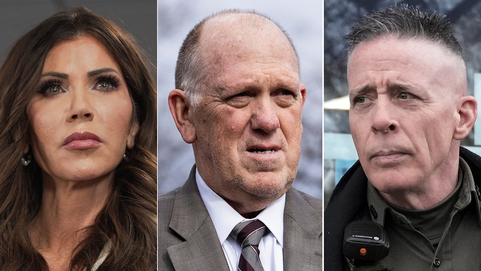 PHOTO: Secretary of Homeland Security Kristi Noem in Washington, Jan. 24, 2026,  Border Czar Tom Homan in Washington, Jan. 14, 2026 and Border Patrol commander Greg Bovino in Minneapolis, Jan. 13, 2026.