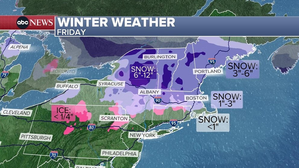 PHOTO: Boston could see around 2 or 3 inches of snow. Northern NY through VT and NH can expect around 6” of snow accumulation today. 