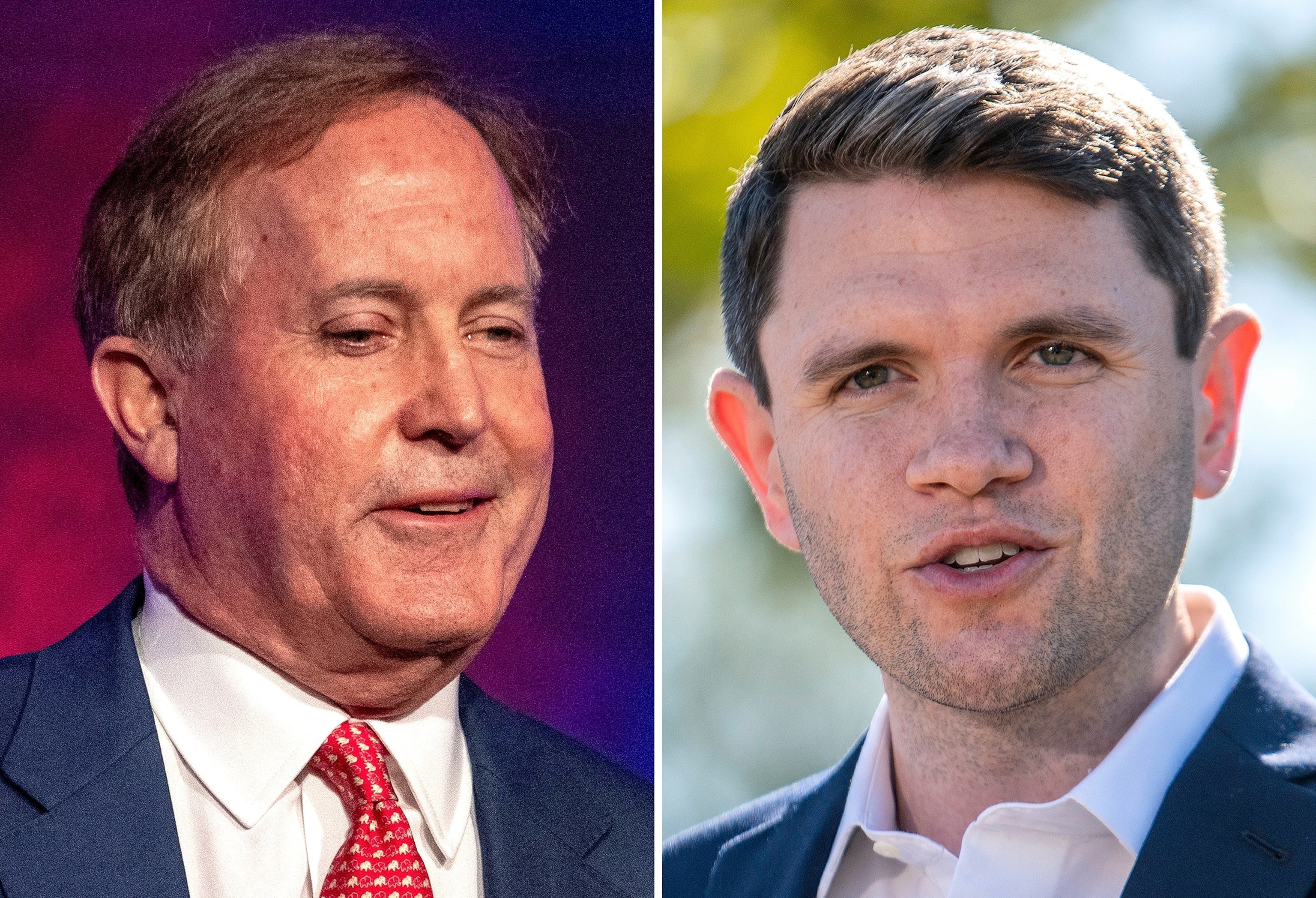 PHOTO: Texas Attorney General and Republican US Senate candidate Ken Paxton in The Woodlands, Texas, October 9, 2026 and Texas Democratic Senate candidate, State Rep. James Talarico, October 23, 2026 in Austin, Texas.