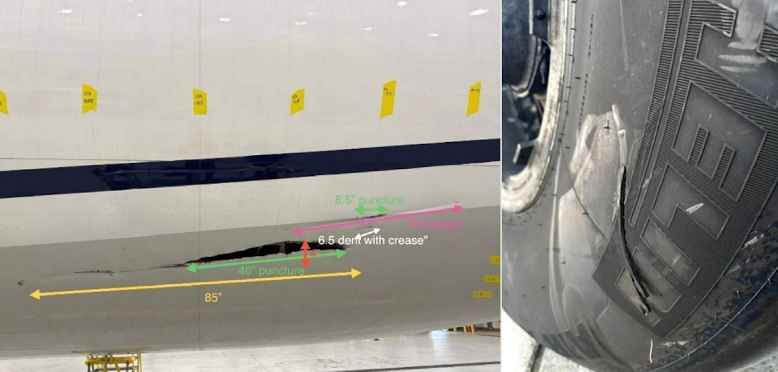 PHOTO: Right photo shows the left lower aft fuselage damage, and the left photo shows the
damage to the #1 left MLG tire. 