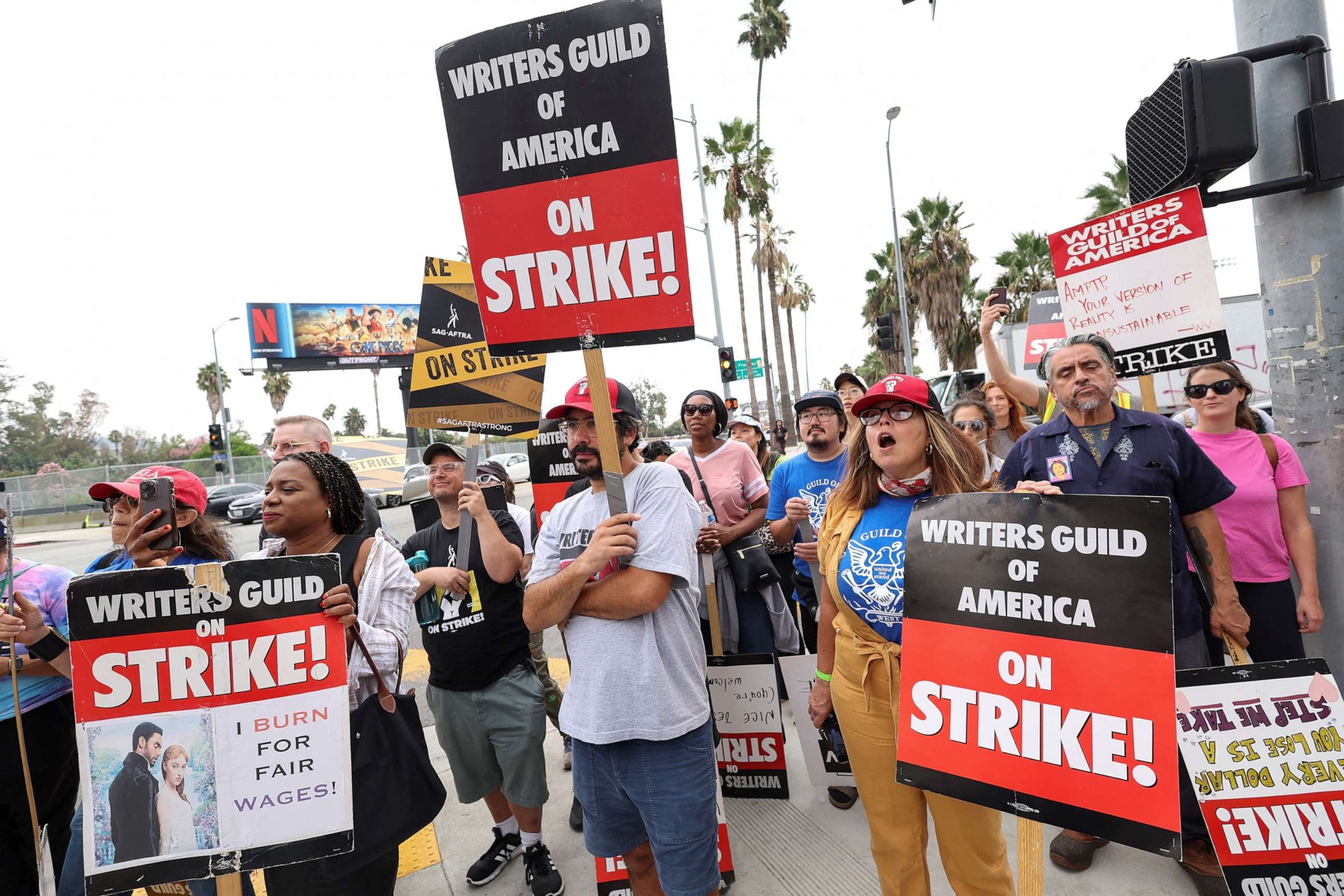 PHOTO: Writers Guild of America (WGA) writers walk the picket line during their ongoing strike outside Netflix offices in Los Angeles, on Sept. 22, 2023.