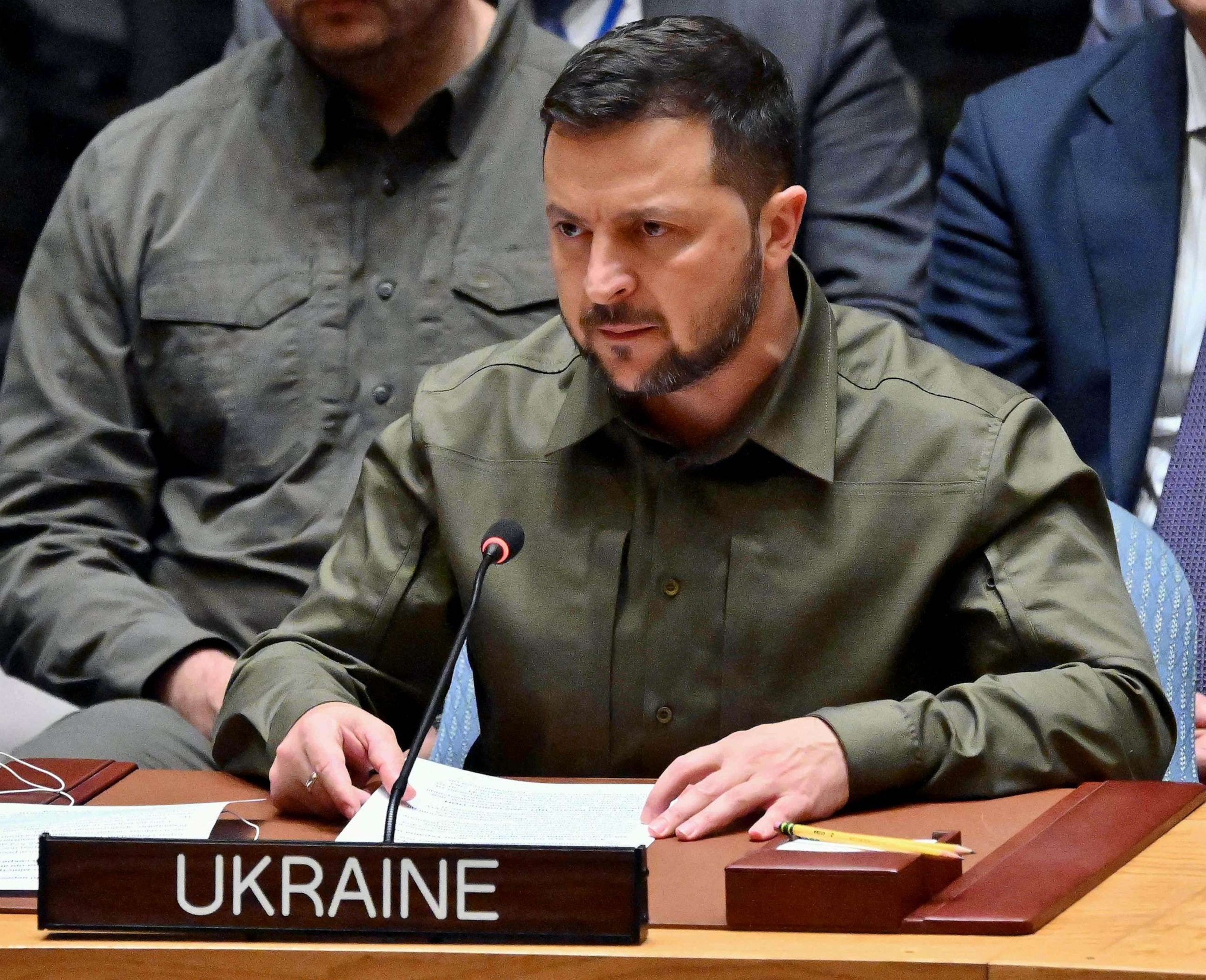 PHOTO: Ukrainian President Volodymyr Zelenskyy speaks during a high level Security Council meeting on the situation in Ukraine on the sidelines of the 78th UN General Assembly, at UN headquarters in New York City, Sept. 20, 2023.