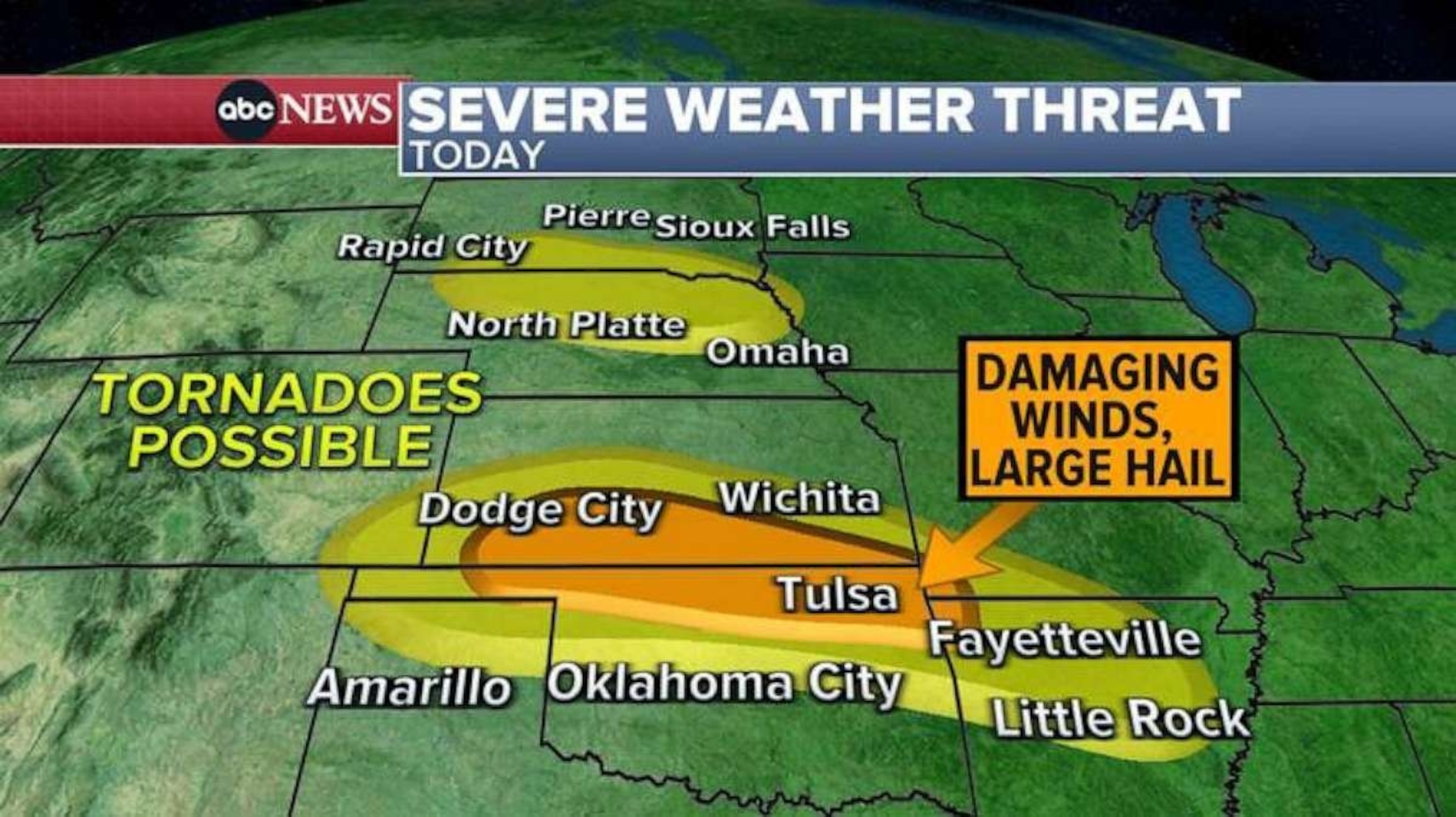 PHOTO: A severe weather system will hit areas from South Dakota to Kansas, Oklahoma and Arkansas on June 27, 2023.