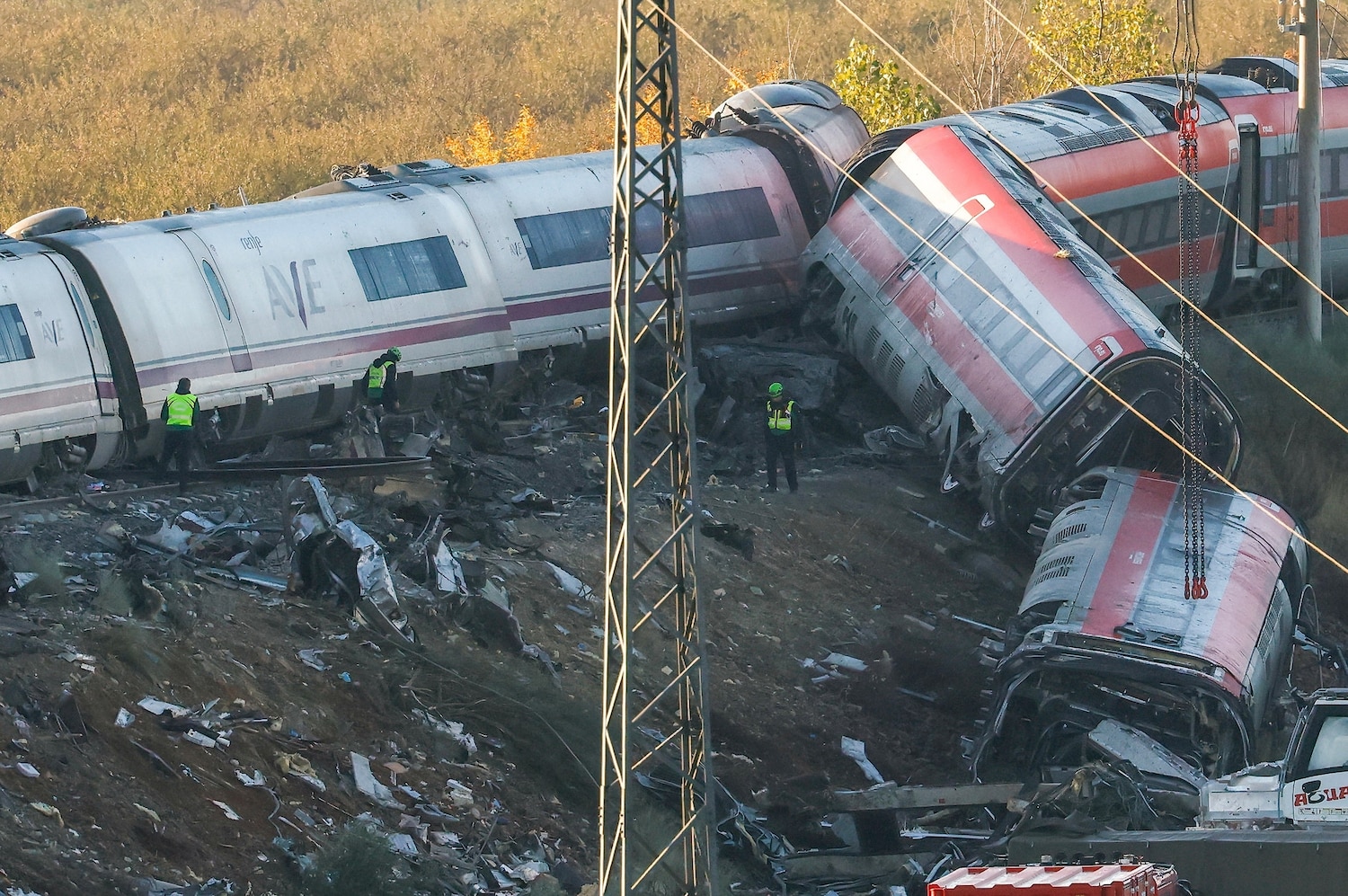 Investigators survey debris at the site of the collision the day after two high-speed trains crashed between the towns of Mora and Orgaz, near Toledo, Spain, October 29, 2026. Oscar Del Pozo/AFP via Getty Images