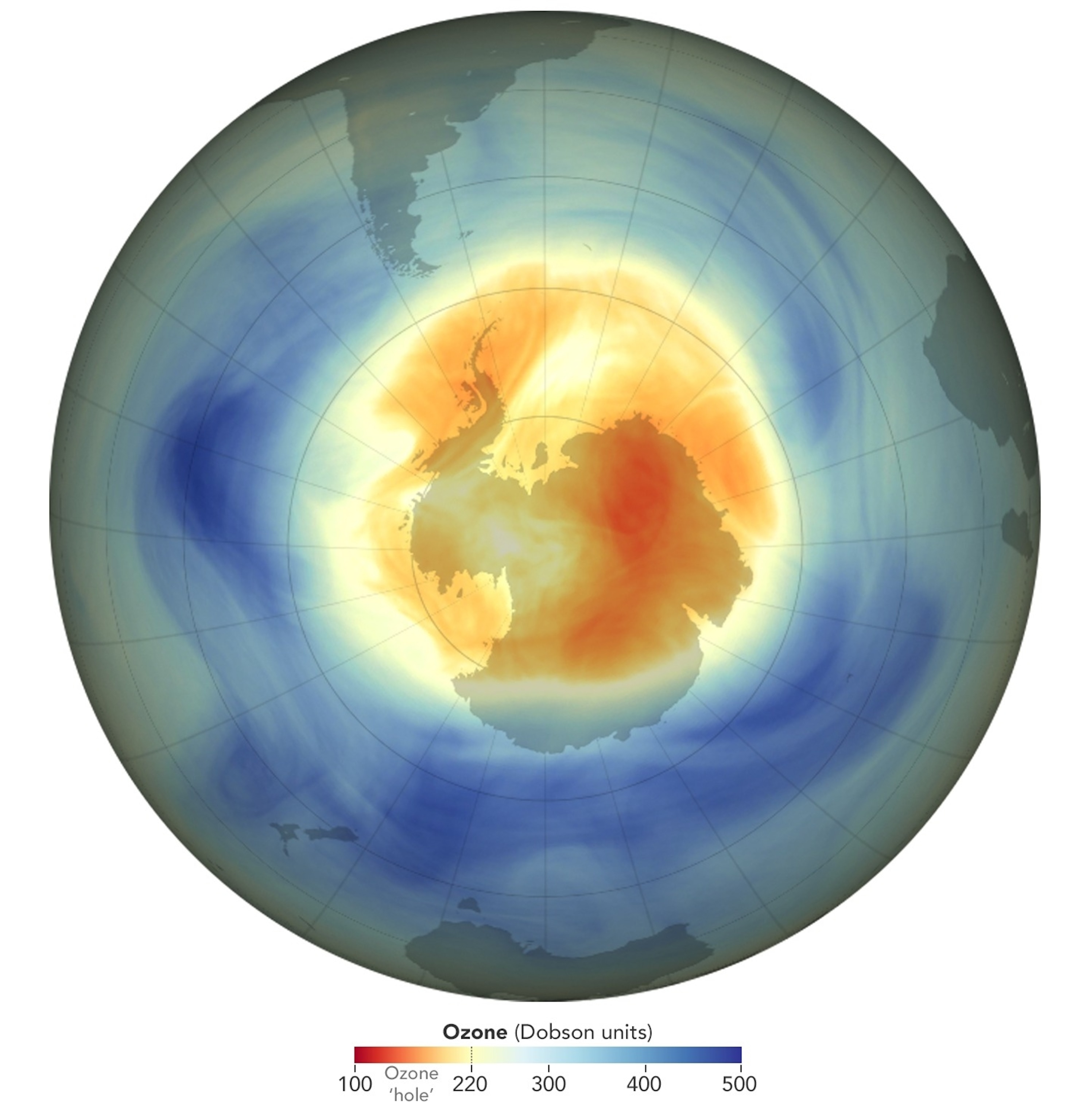 PHOTO: This illustration shows the size and shape of the ozone hole over the South Pole on the day of its 2025 maximum extent.