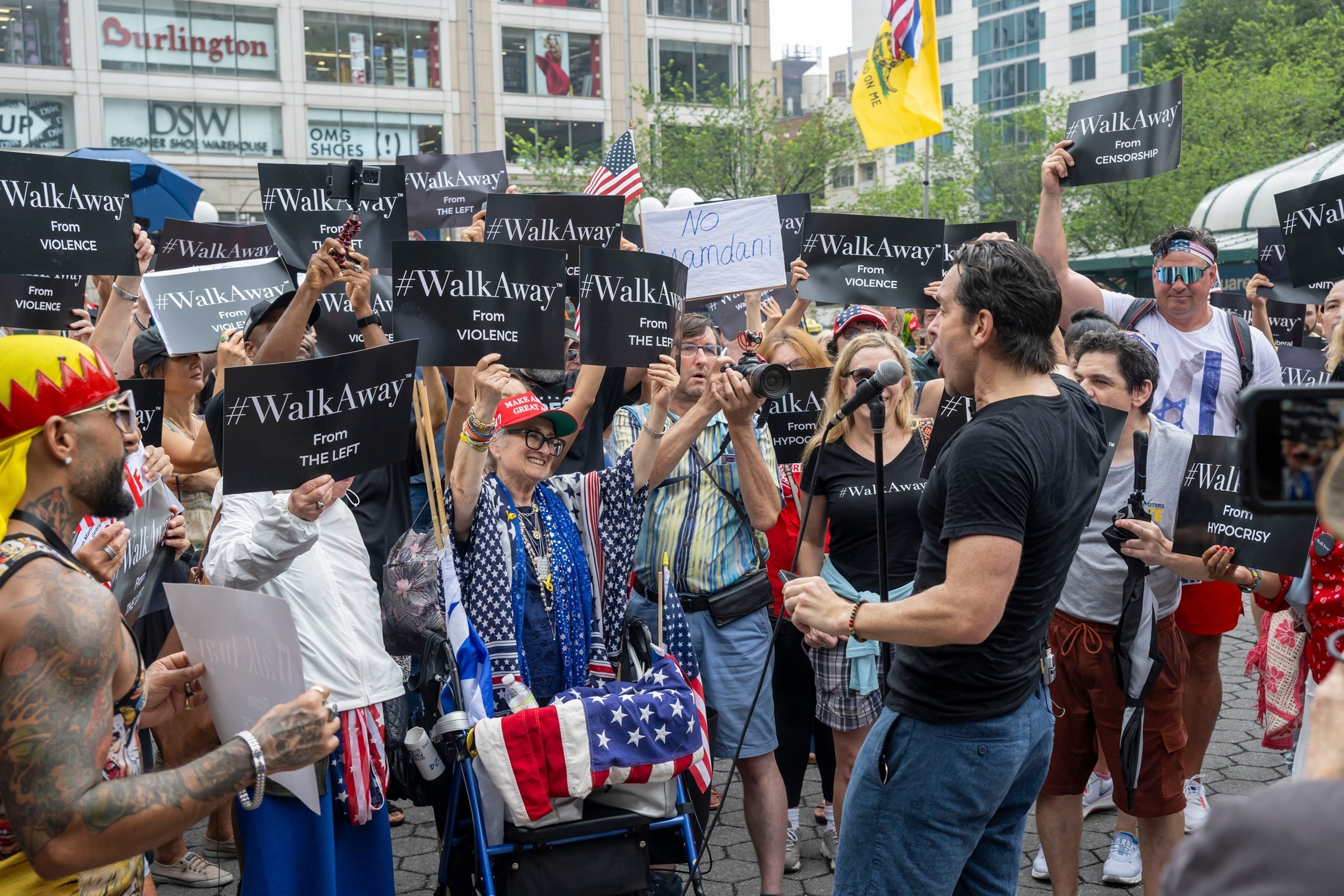 PHOTO: Brandon Straka, founder of WalkAway speaks during a rally against Democratic Socialism, at Union Square, on July 27, 2025, in New York.