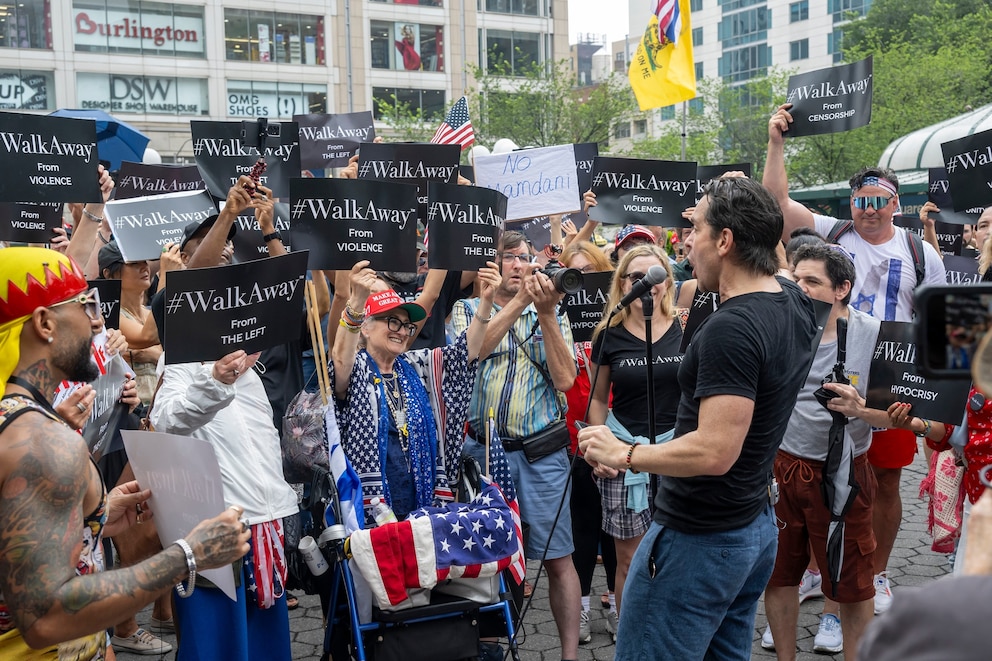 PHOTO: Brandon Straka, founder of WalkAway speaks during a rally against Democratic Socialism, at Union Square, on July 27, 2025, in New York.