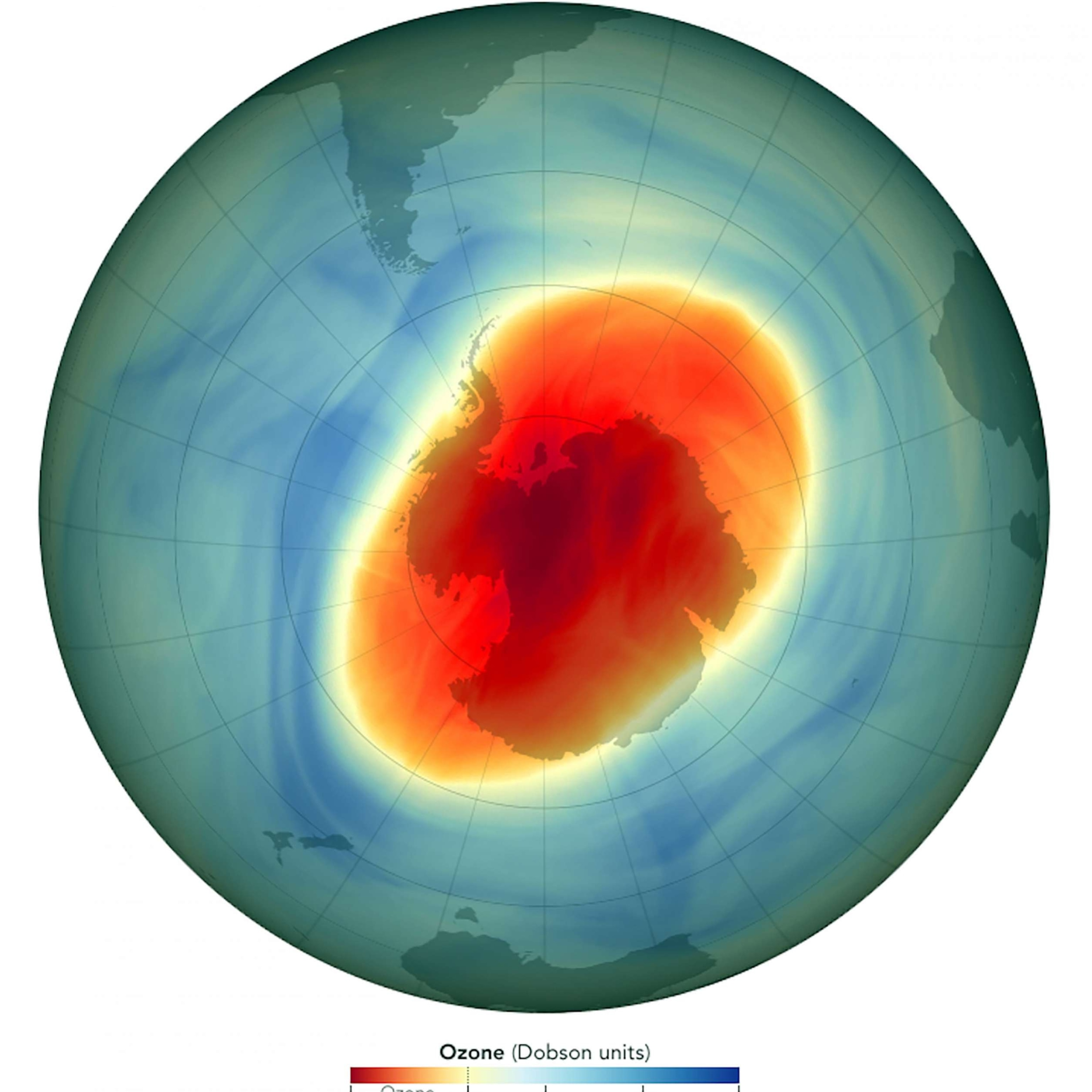 PHOTO: This map shows the size and shape of the ozone hole over the South Pole on Oct. 5, 2022, when it reached its single-day maximum extent for the year.