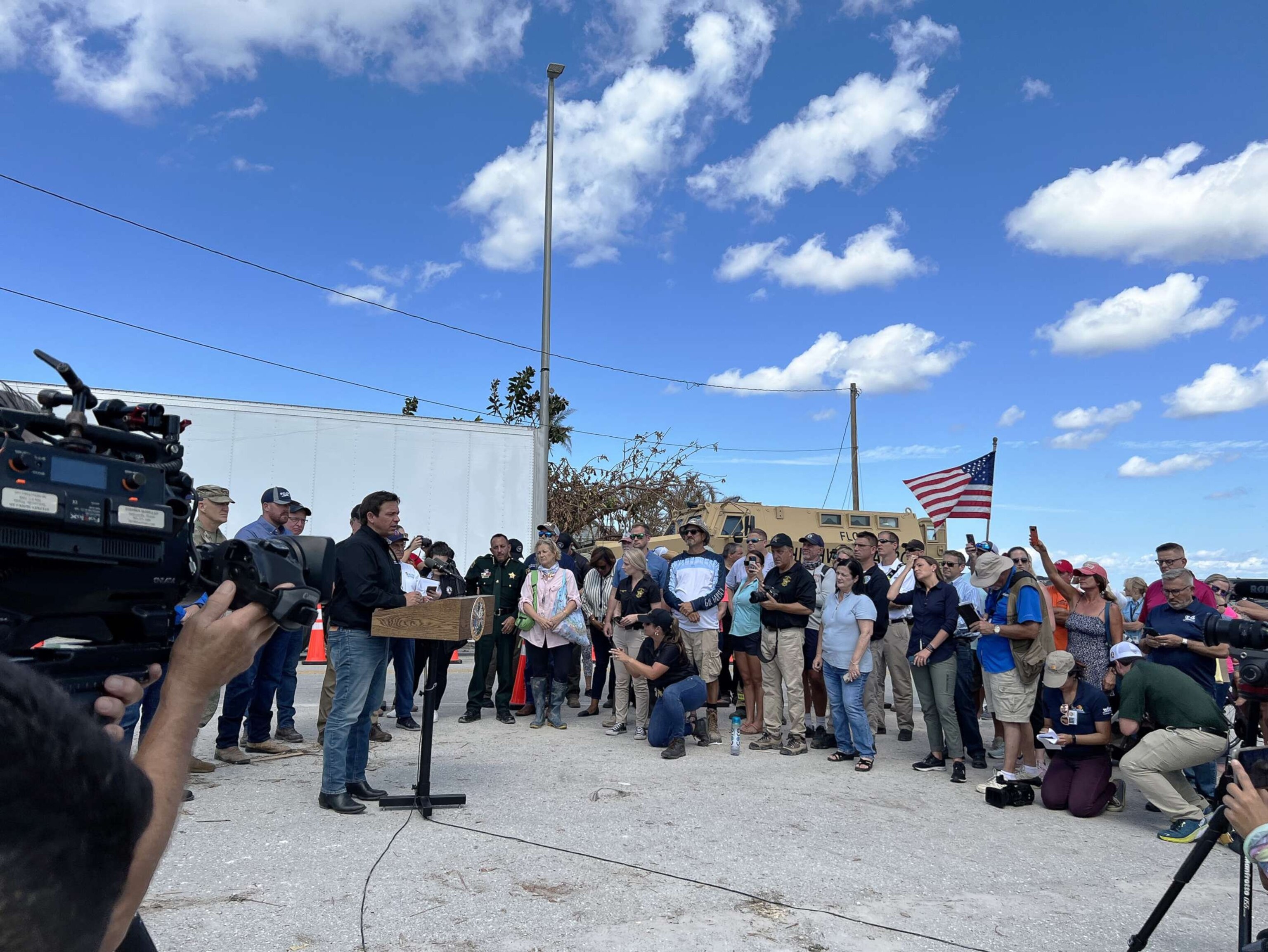 PHOTO: Gov. Ron DeSantis holds a press conference in Matlacha, Fla.