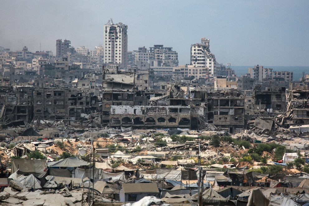 PHOTO: Buildings destroyed in Israeli strikes surround makeshift shelters for displaced Palestinians in Gaza City on Aug. 8, 2025.