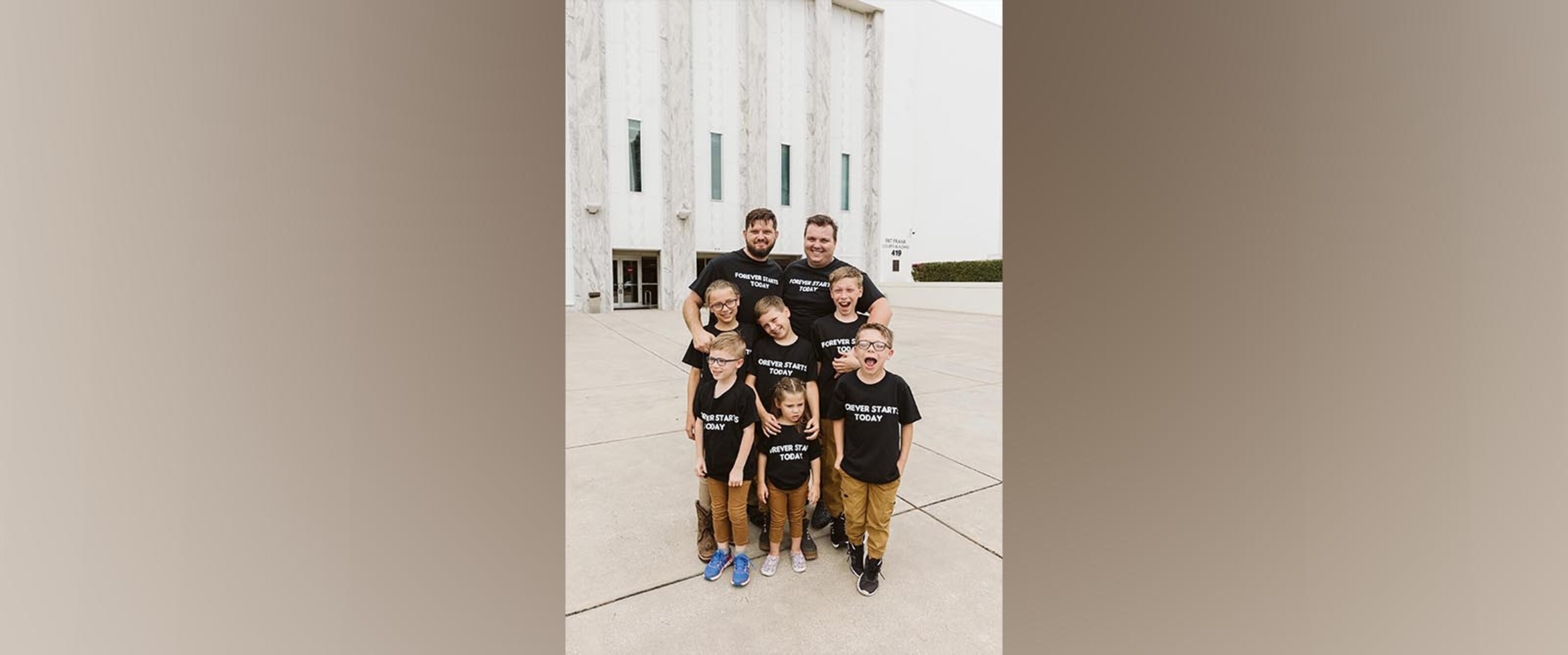 PHOTO: Dustin and Daniel Johnson, of Florida, are celebrating their first Father's Day after formally adoption six siblings in May 2023.