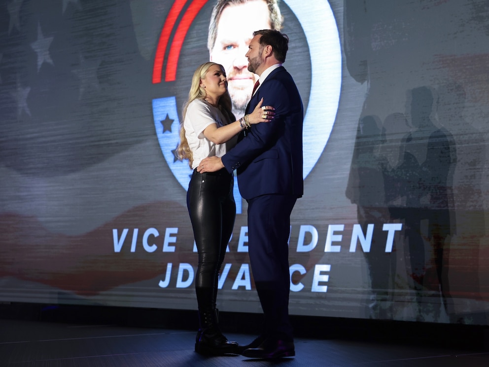 PHOTO: In this Oct. 29, 2025, file photo, Erika Kirk, widow of Turning Point USA founder Charlie Kirk, and Vice President JD Vance embrace on stage during a Turning Point USA event in Oxford, Mississippi. 