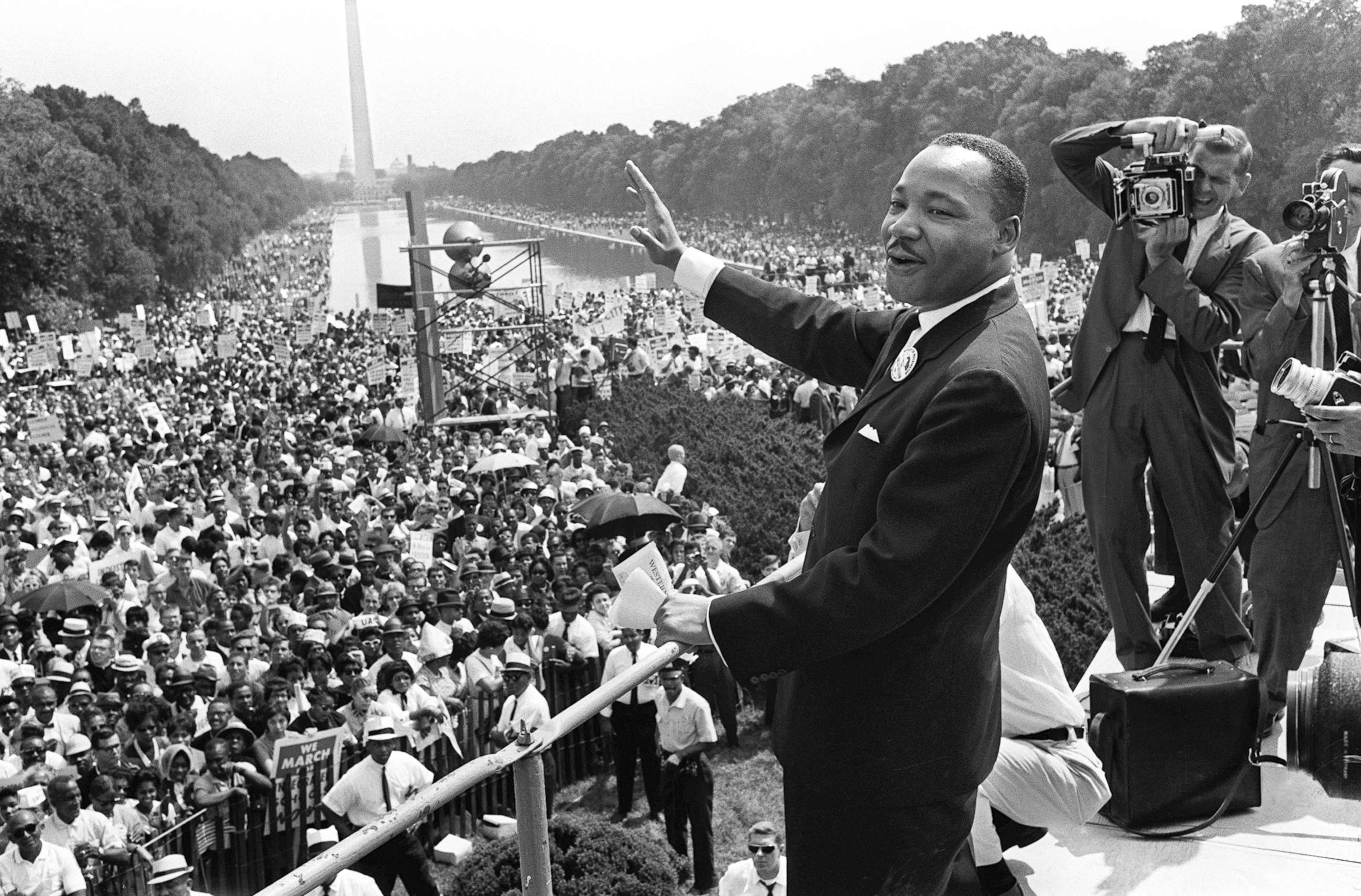 PHOTO: The civil rights leader Martin Luther King waves to supporters in this file photo on Aug. 28, 1963, in Washington during the "March on Washington." King said the march was "the greatest demonstration of freedom in the history of the U.S."