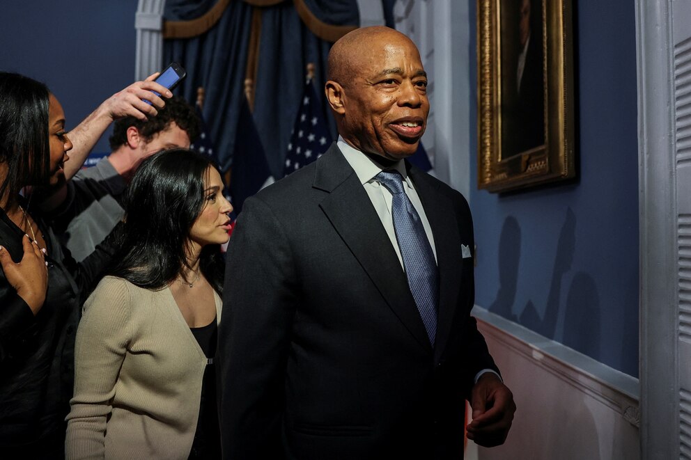 PHOTO: New York City Mayor Eric Adams leaves after a press conference at City Hall in Manhattan in New York City