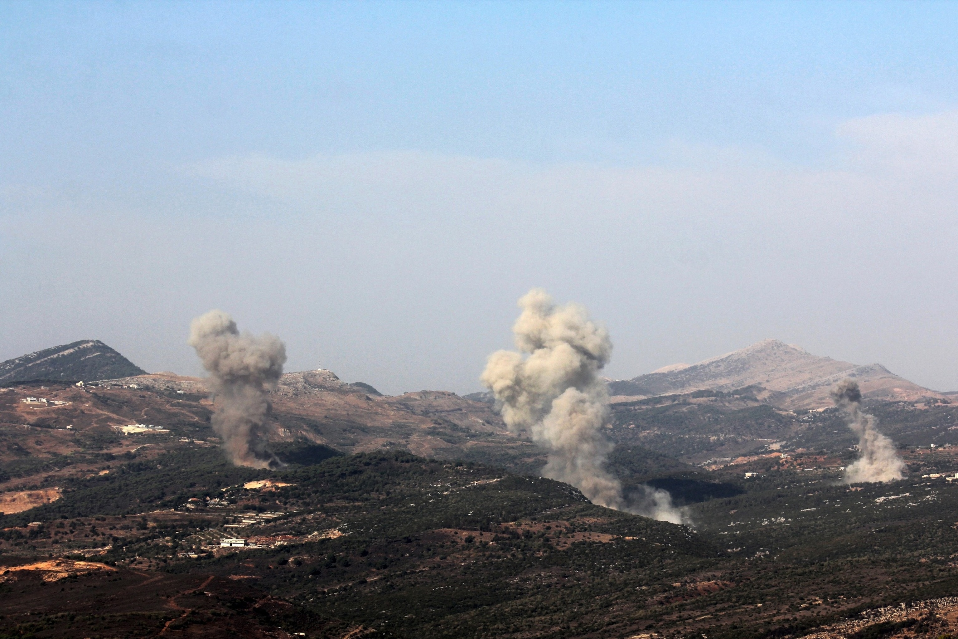 PHOTO: Plumes of smoke billow following an Israeli strike in the outskirts of the southern Lebanese village of Qatrani near Jezzine on Nov. 10, 2025.