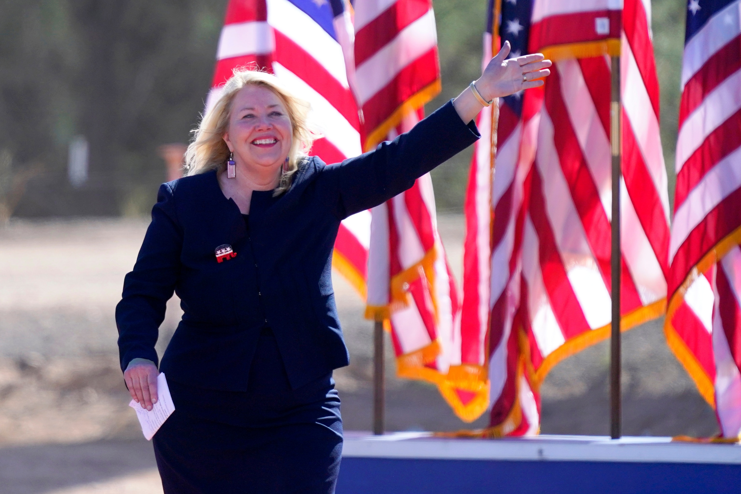 PHOTO: In this Oct. 9, 2022, file photo, Rep. Debbie Lesko arrives to speak at a former President Donald Trump rally in Mesa, Ariz. 