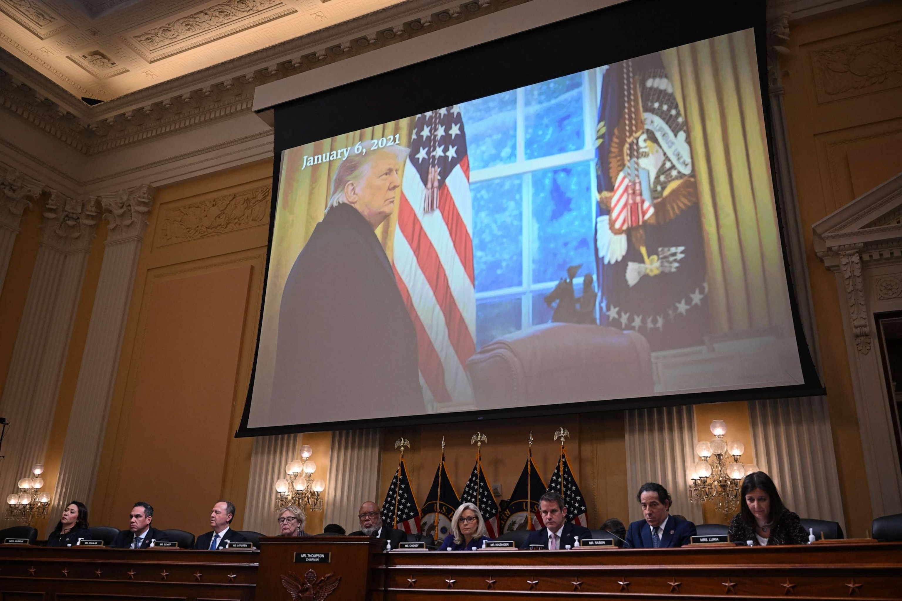 PHOTO: Former President Donald Trump is seen on a screen during the last House Select Committee hearing to Investigate the January 6th Attack on the US Capitol in Washington, Dec. 19, 2022.