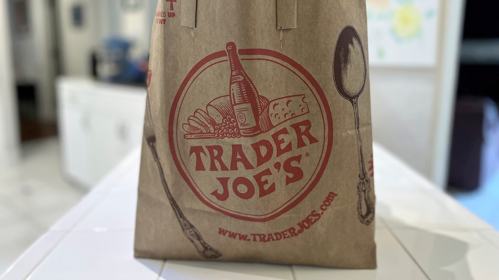Trader Joe's paper grocery bag on a kitchen countertop, Lafayette, California, February 28, 2025.