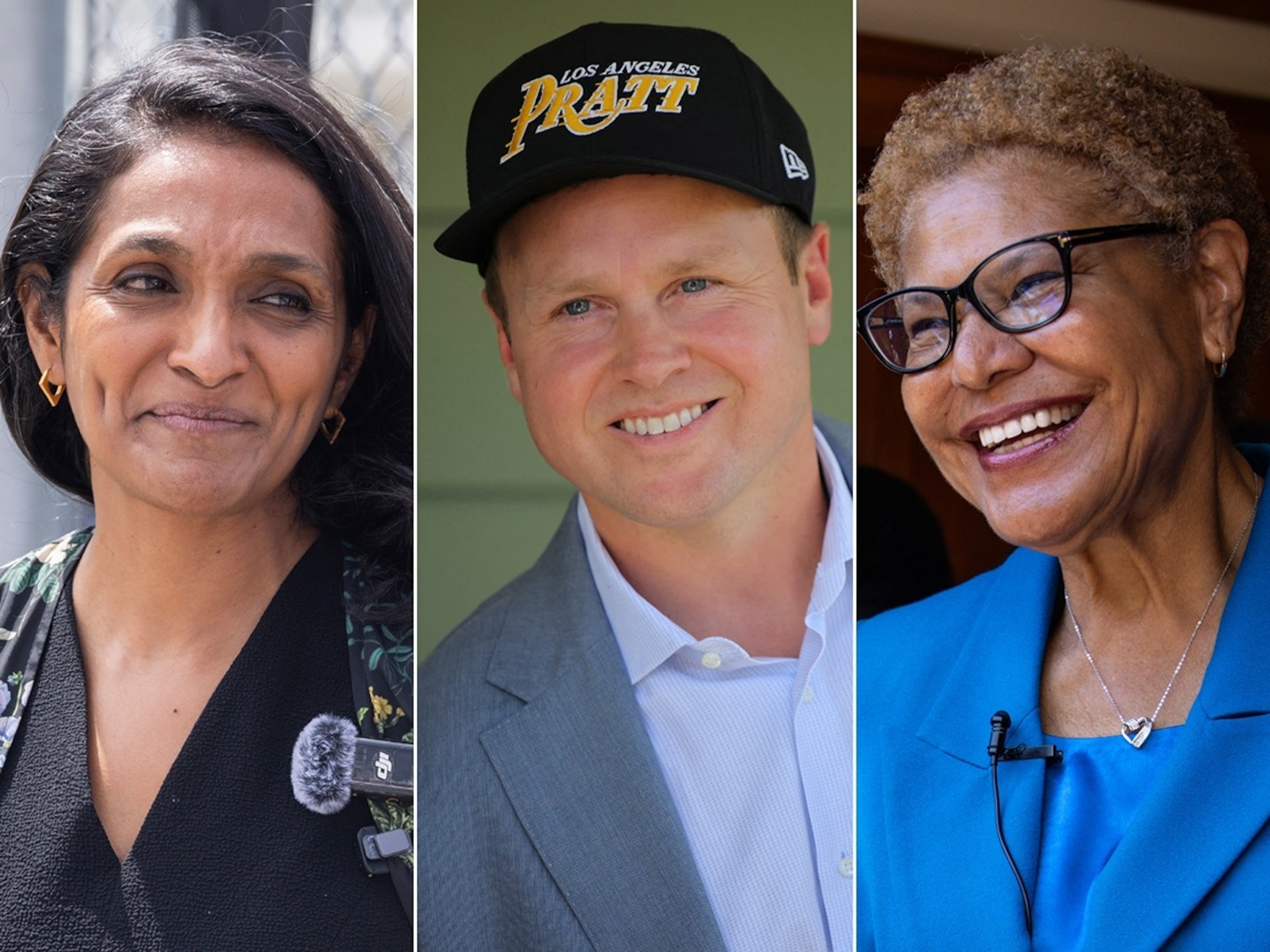 PHOTO: Los Angeles City Council member and mayoral candidate Nithya Raman in Los Angeles, May 16, 2026. Spencer Pratt campaigns for mayor in Los Angeles, May 31, 2026. Los Angeles Mayor Karen Bass speaks to supporters, May 31, 2026, in Venice, Calif. 