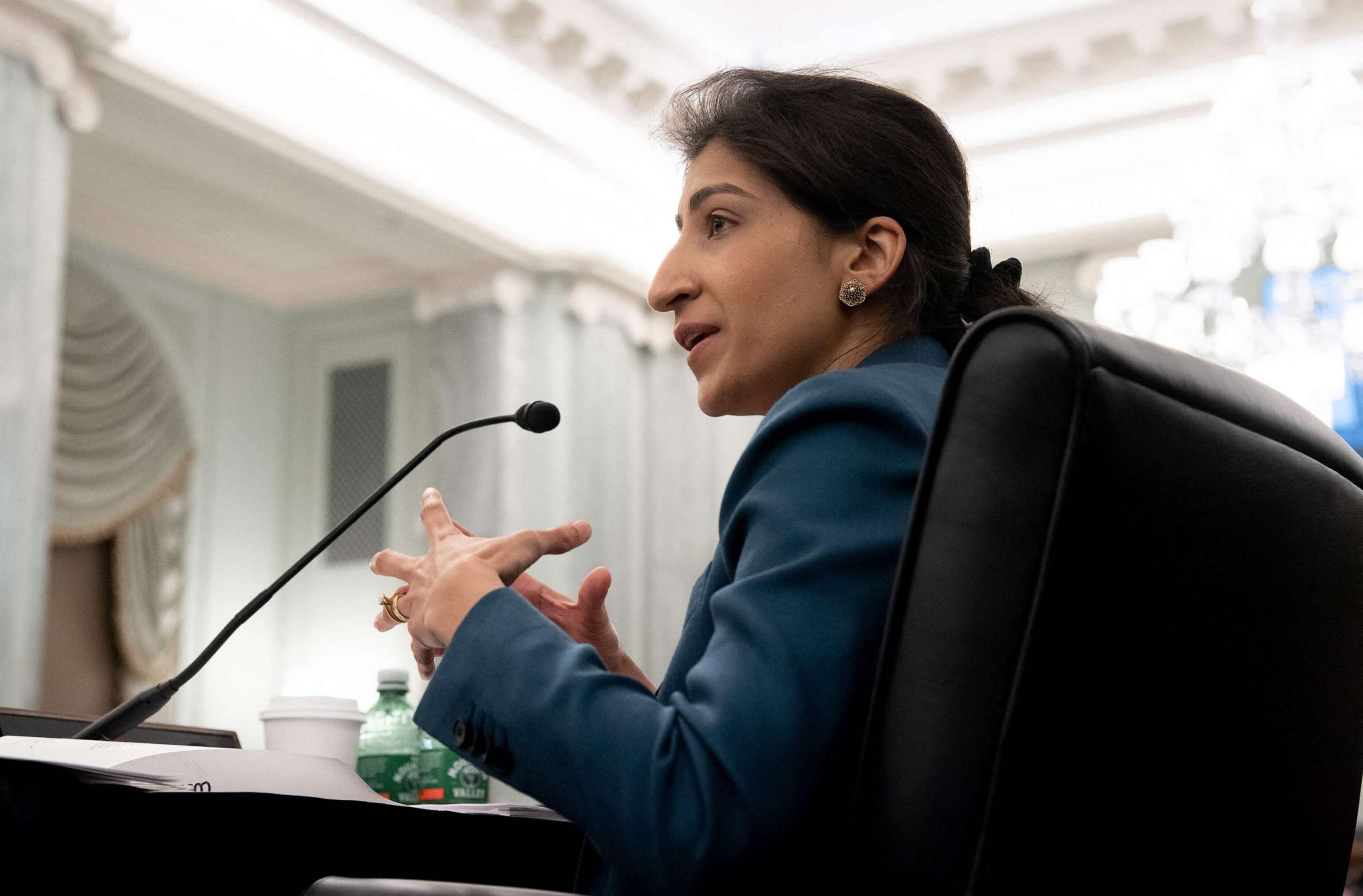 PHOTO: Lina Khan, nominee for Commissioner of the Federal Trade Commission (FTC), speaks at a Senate Committee on Commerce, Science, and Transportation confirmation hearing on Capitol Hill, April 21, 2021.