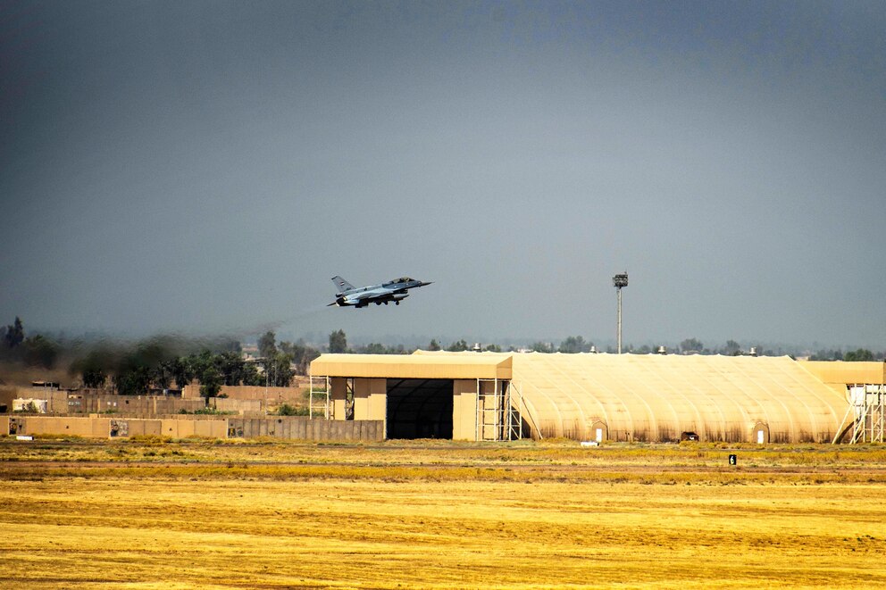 PHOTO: An Iraqi Air Force F-16 Fighting Falcon fighter aircraft takes off the runway at Balad Air Base, Iraq, June 17, 2019. The 9th FS has been learning the Air Tasking Order process from air advisors from the 370th Air Expeditionary Advisory Squadron.