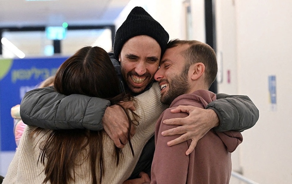 PHOTO: Tal Shoham, a hostage who was held in Gaza since the deadly October 7, 2023 attack, reacts as he is reunited with his family, February 22, 2025.