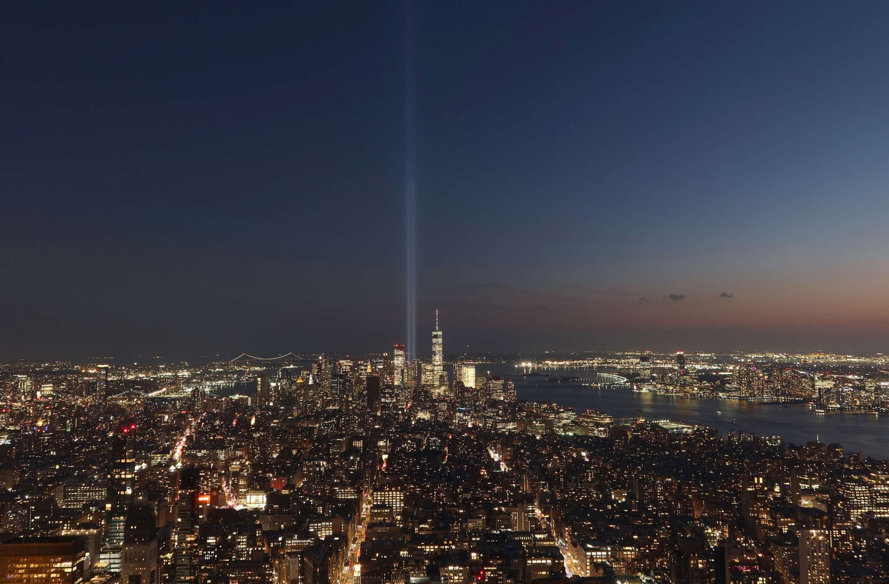 PHOTO: The Tribute in Light is illuminated above lower Manhattan and One World Trade Center as it is configured to mark the 22nd anniversary of the 9/11 attacks, Sept. 6, 2023, in New York City.