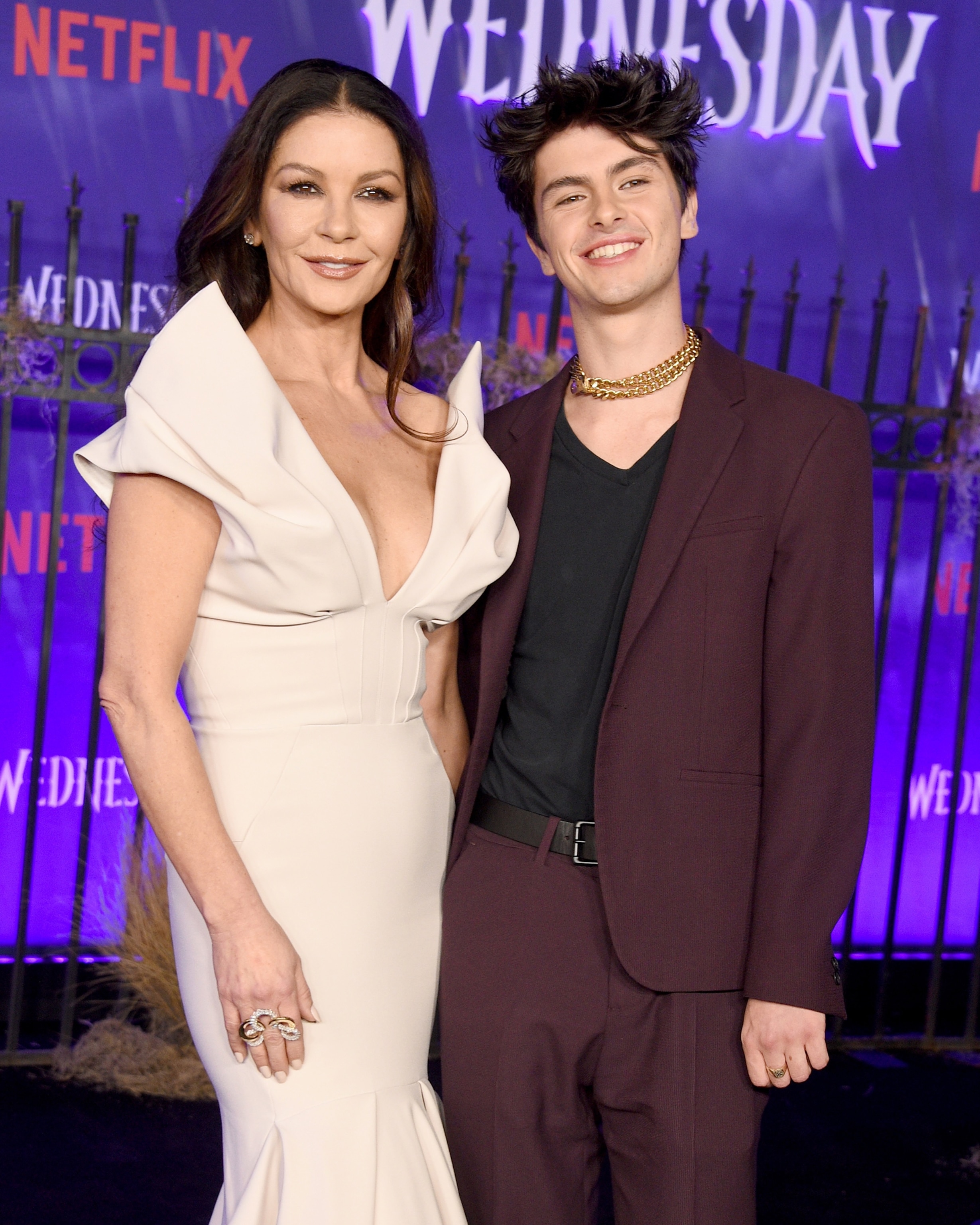 PHOTO: Catherine Zeta-Jones and Dylan Michael Douglas attend the World Premiere Of Netflix's "Wednesday" in Los Angeles, Nov. 16, 2022. 