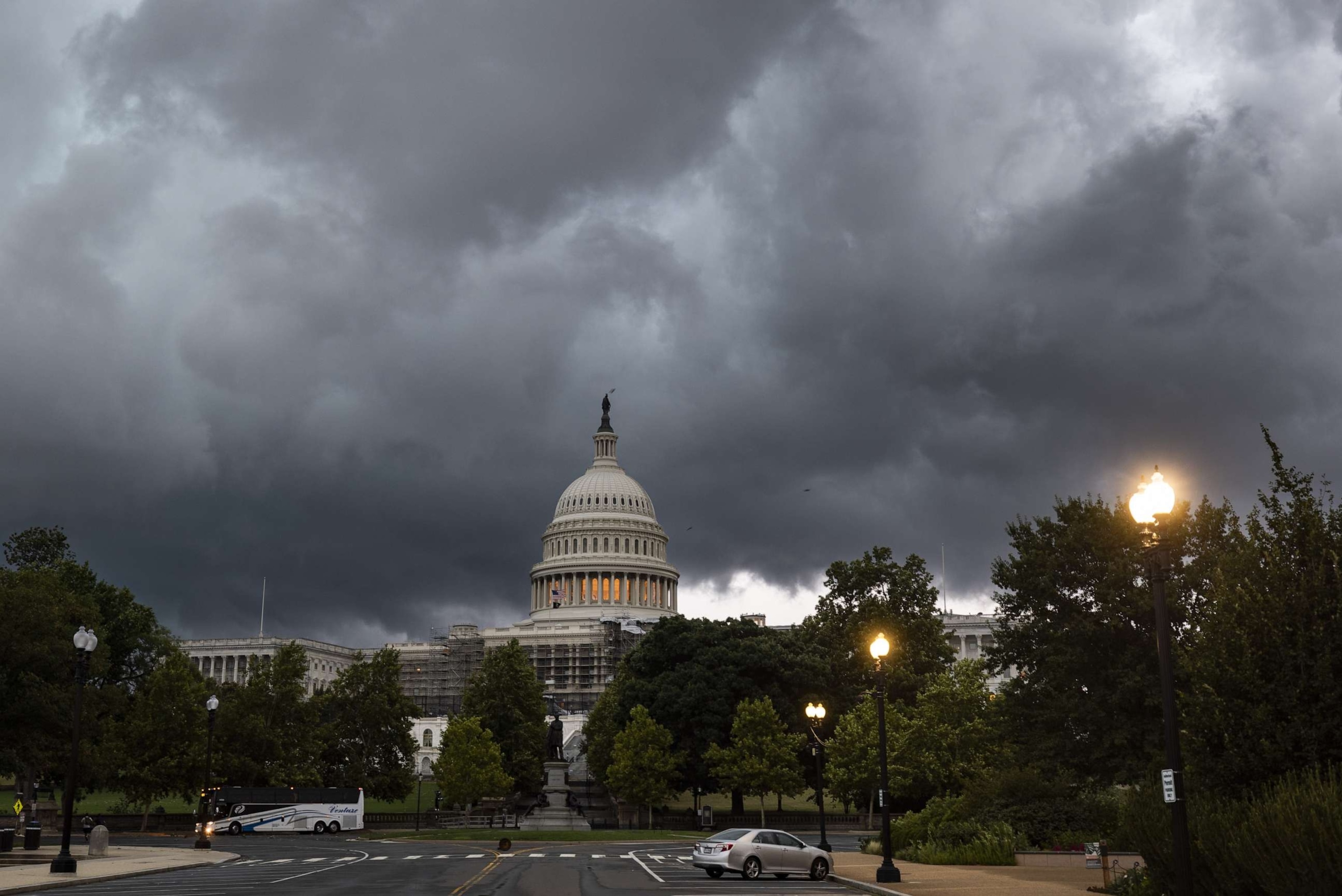 PHOTO: A summer derecho blows past the Capitol in Washington, DC, Aug. 7, 2023. For the first time in more than 10 years, the National Weather Service issued a rare 'Level 4' risk for severe storms across the DC region.