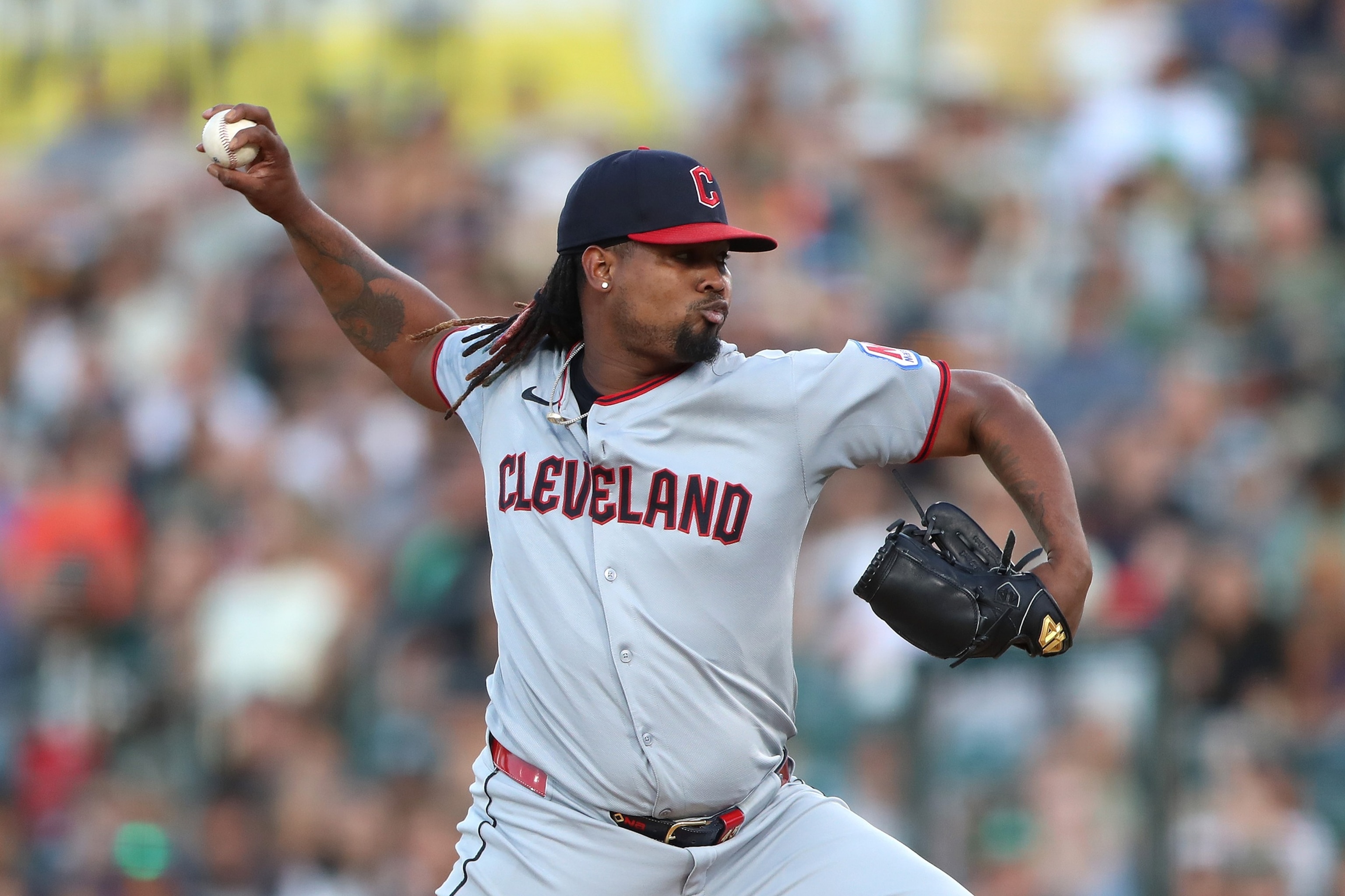 PHOTO: Luis L. Ortiz #45 of the Cleveland Guardians pitches against the Athletics at Sutter Health Park on June 21, 2025, in Sacramento, California.