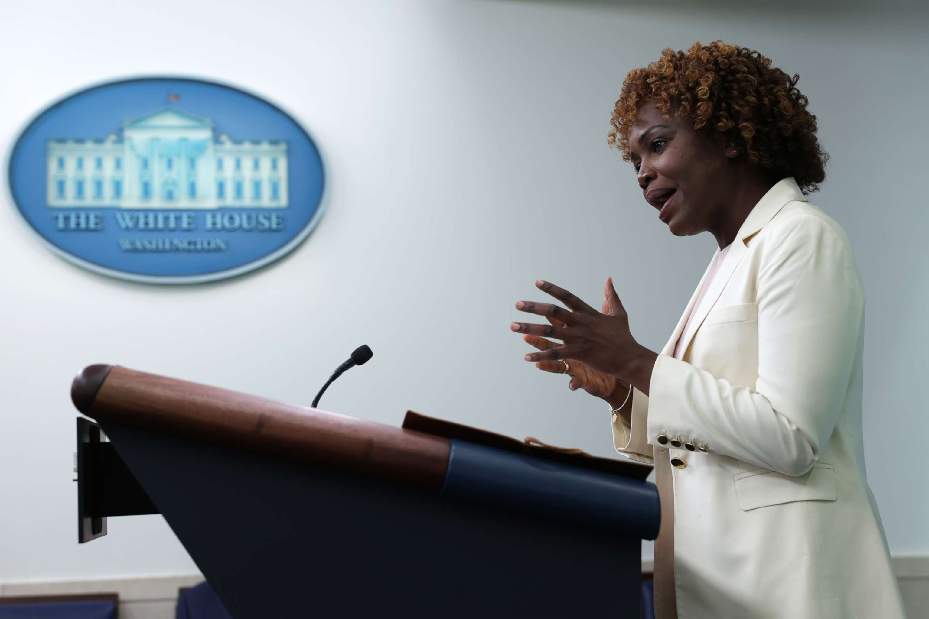 PHOTO: White House Press Secretary Karine Jean-Pierre speaks during a White House daily press briefing at the James S. Brady Press Room of the White House, Aug. 25, 2022 in Washington, DC.