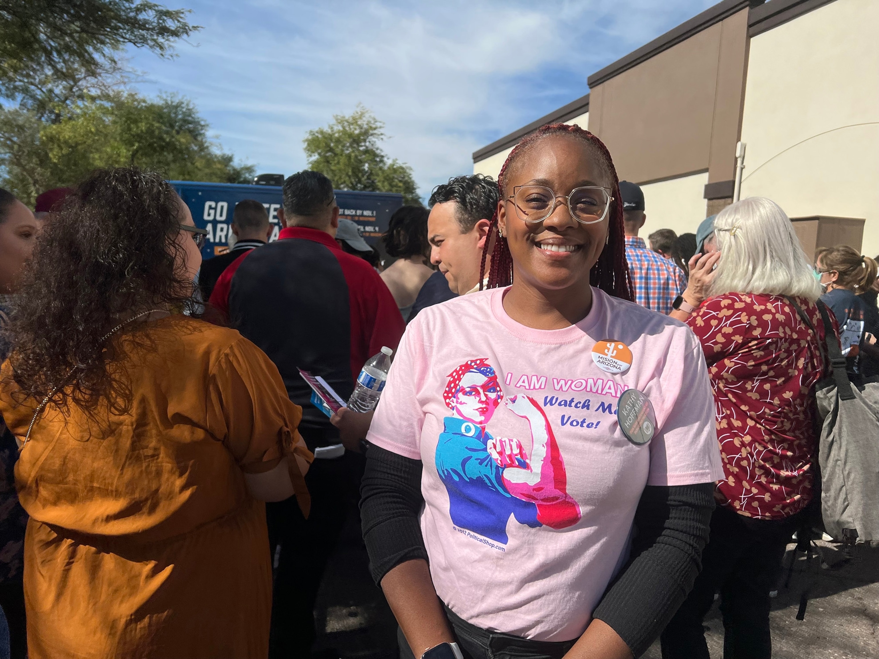 PHOTO: Brooke McClure of Phoenix attends a rally for Mark Kelly with Jill Biden in Phoenix, Ariz., Nov. 5, 2022.