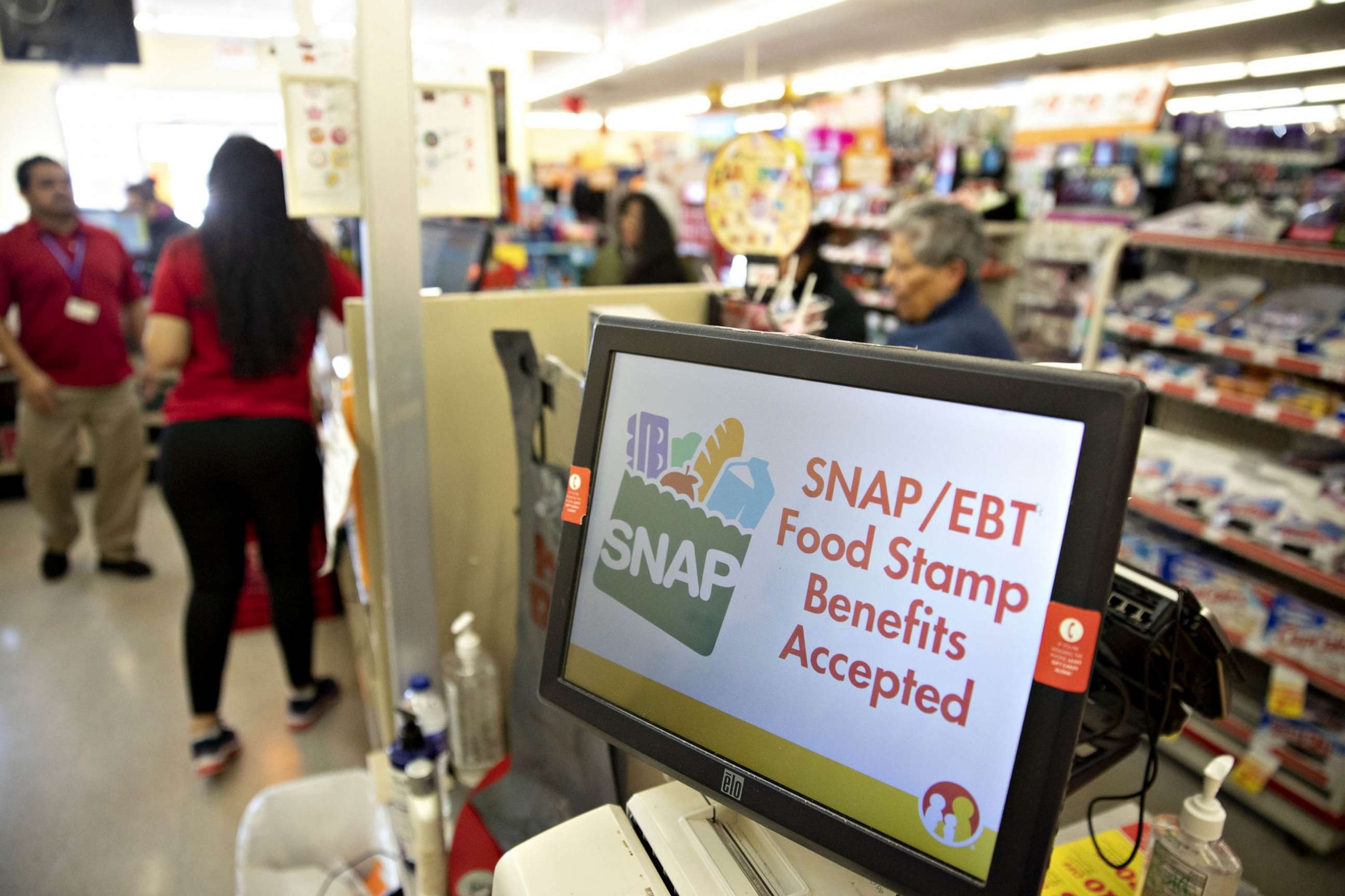 PHOTO: "SNAP/EBT Food Stamp Benefits Accepted" is displayed on a screen inside a Family Dollar Stores Inc. store in Chicago, March 3, 2020.