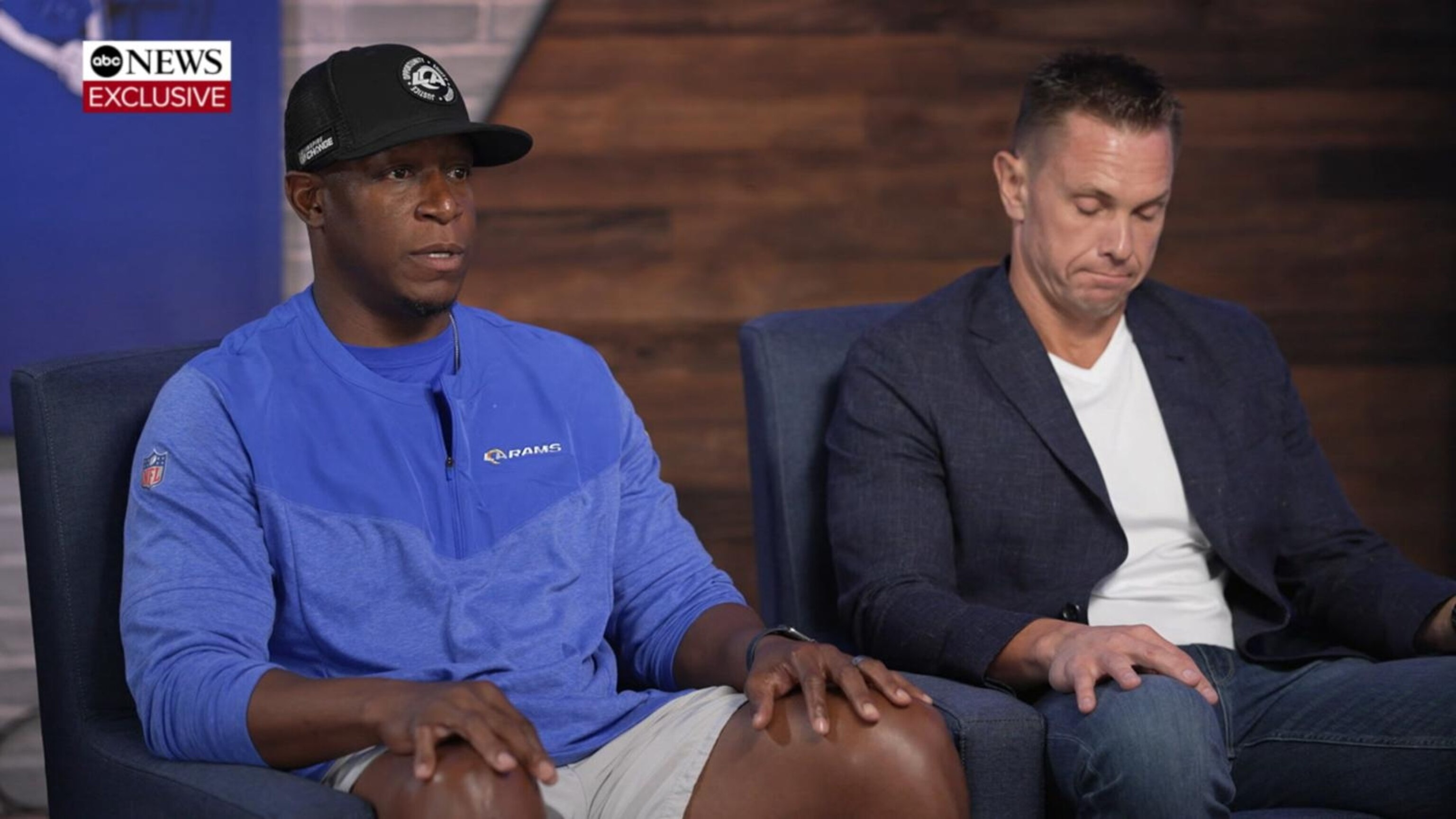 PHOTO: Los Angeles Rams defensive coordinator Raheem Morris, left, and Dr. Andrew Oleksyn speak with ABC News about their actions to save the life of a 3-year-old boy.