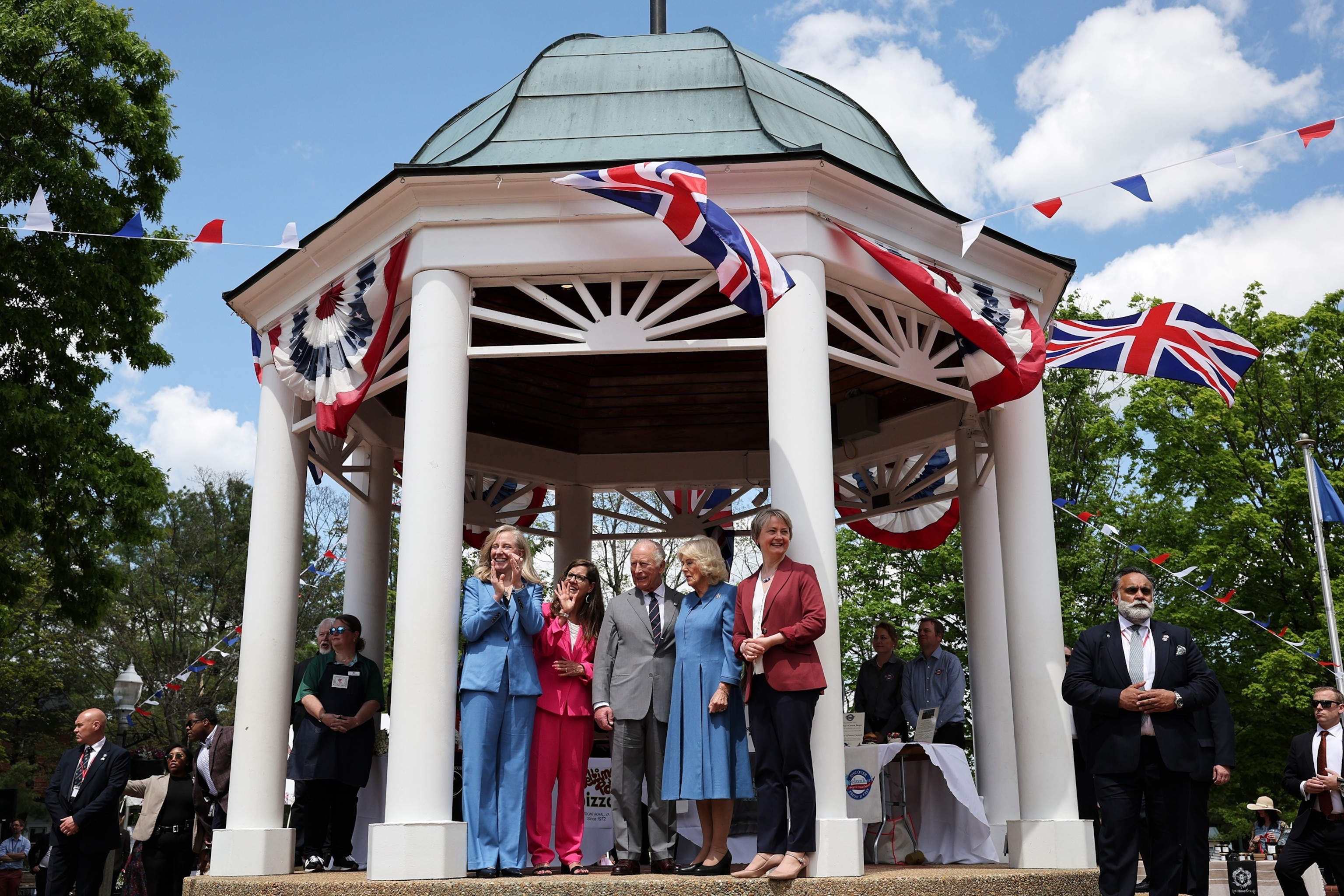 PHOTO: Virginia Gov. Abigail Spanberger, Front Royal Mayor Lori A. Cockrell, King Charles III and Queen Camilla attend a parade and block party event, April 30, 2026 in Front Royal, Virginia.