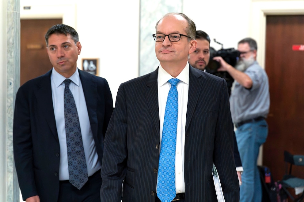 PHOTO: Former Attorney for the Southern District of Florida and former Secretary of Labor Alexander Acosta walks to an interview with the House Committee on Oversight and Government Reform on Capitol Hill in Washington, D.C., Sept. 19, 2025. 