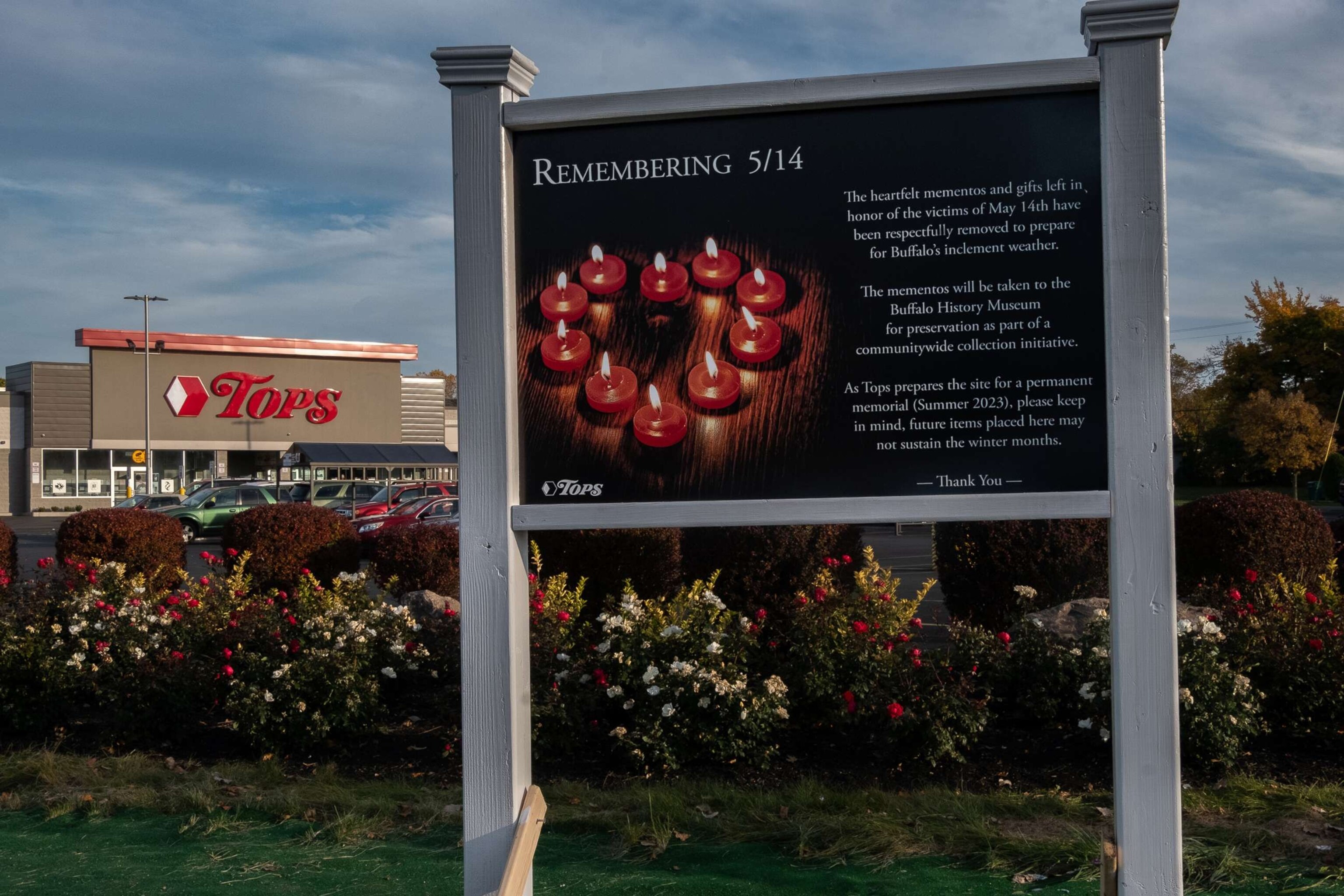 PHOTO: A sign commemorating the victims of a mass shooting at the Tops market on May 14, 2022 stands outside the store, Oct. 23, 2022, in Buffalo.