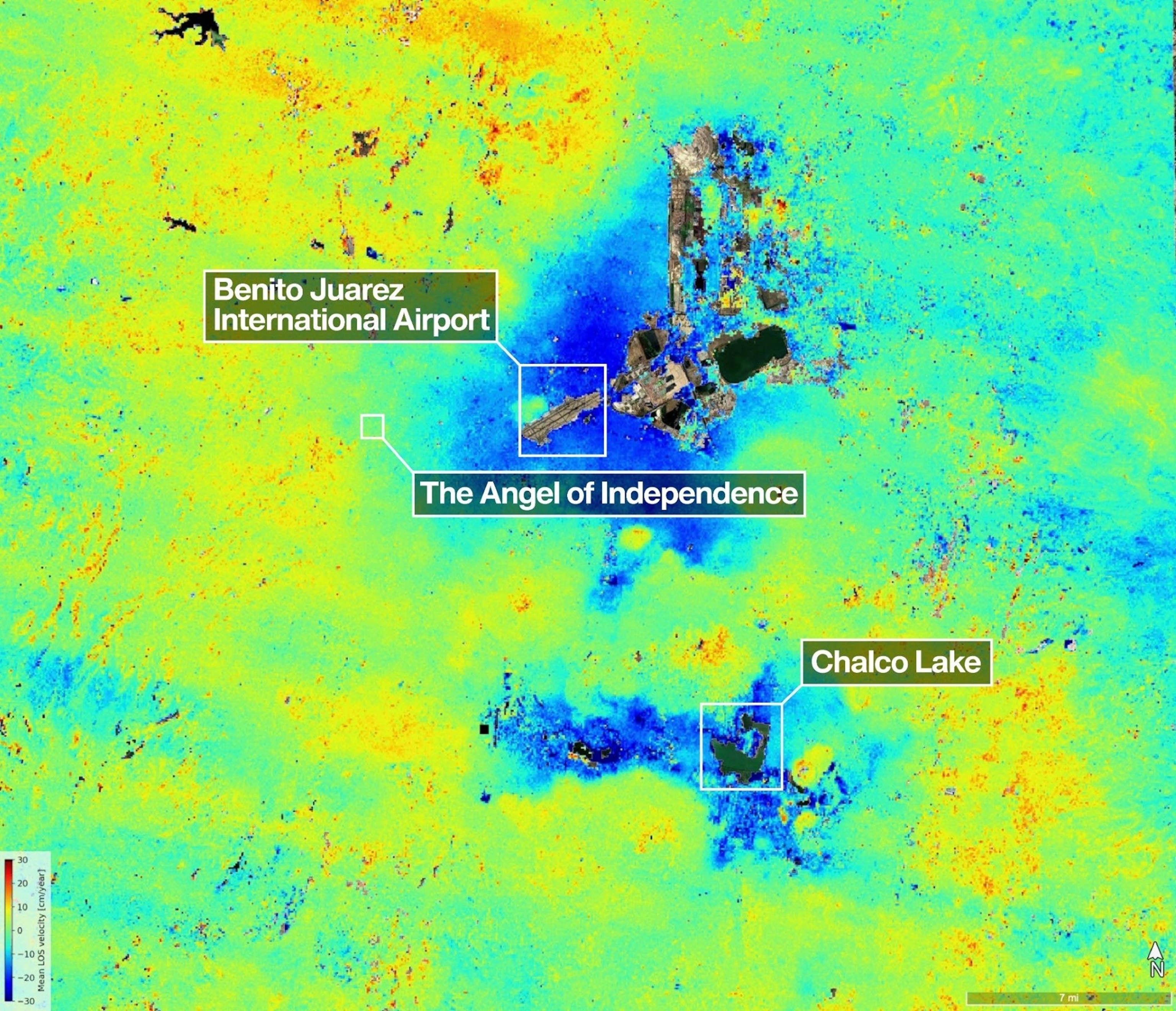PHOTO:  New data from NISAR shows where Mexico City and its environs subsided by up to a few centimeters per month (shown in blue) between Oct. 25, 2025, and Jan. 17, 2026. Uneven