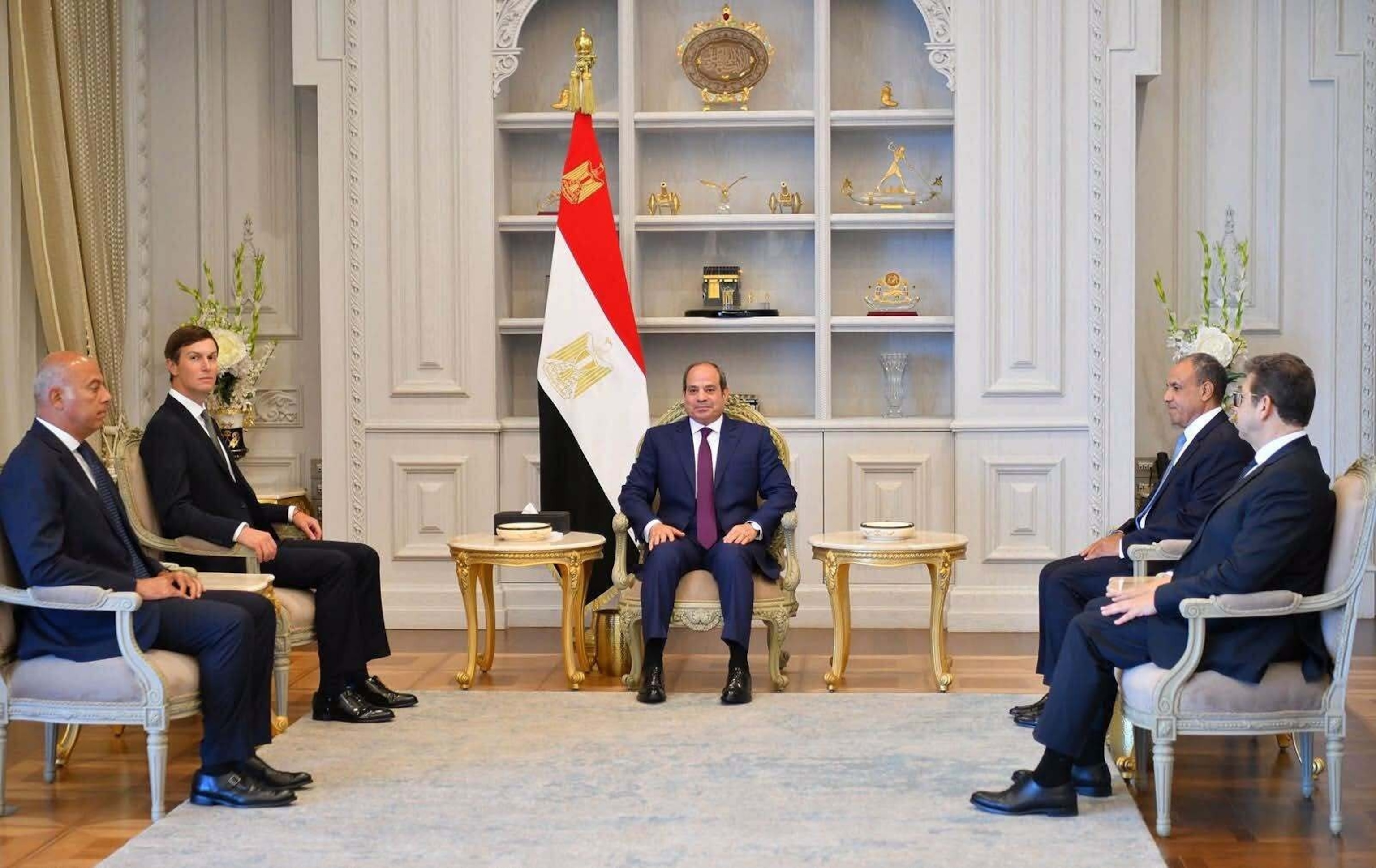 Egyptian President Abdel Fattah el-Sisi discusses developments in the Middle East with Jared Kushner, adviser and son-in-law to U.S. President Donald Trump, in El Alamein, Egypt on August 16, 2026. 