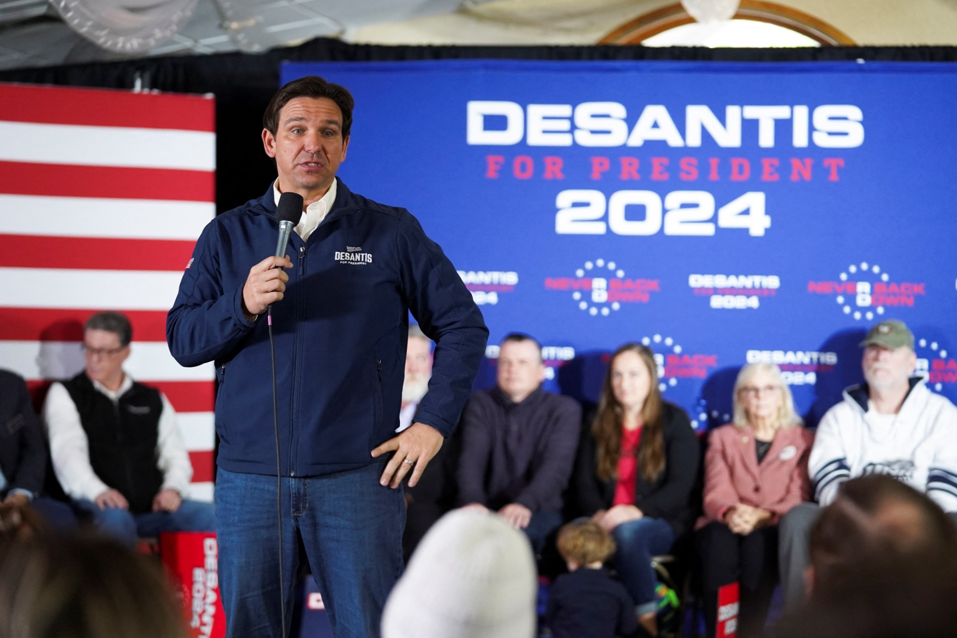 PHOTO: Republican presidential candidate Florida Governor Ron DeSantis speaks at a Never Back Down campaign event in Manchester, N.H., Nov. 21, 2023.