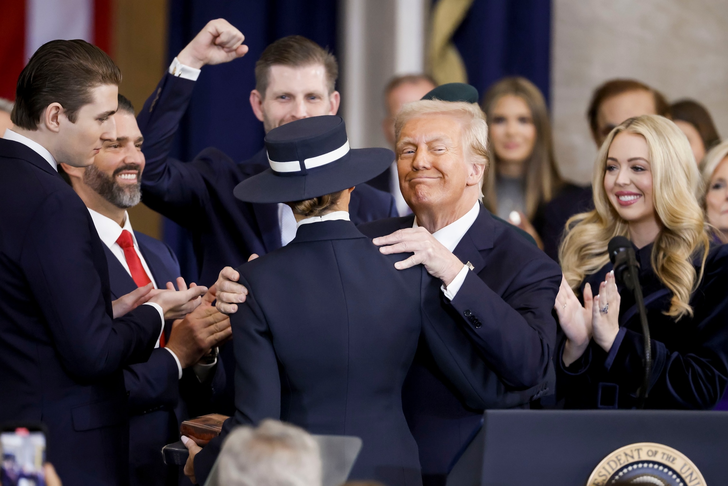 PHOTO: President Donald Trump with first lady Melanie Trump and sons Barron Trump,  Donald Trump, Jr., Eric Trump, left, and daughter Tiffany Trump after taking the oath of office during the 60th Presidential Inauguration in Washington, Jan. 20, 2025.
