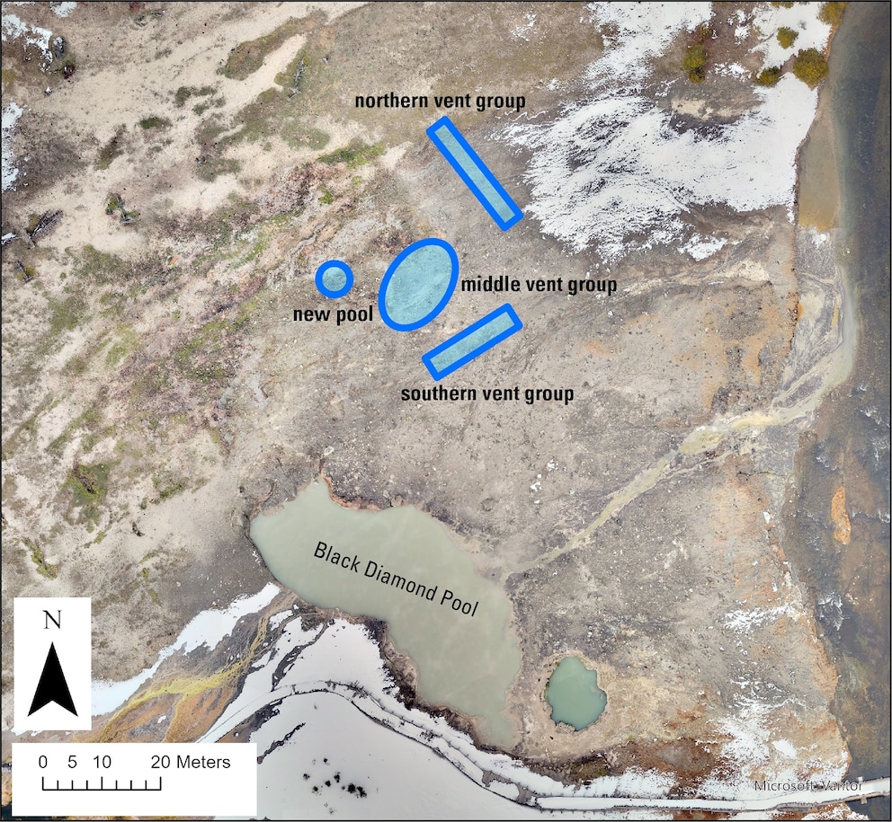 PHOTO: Aerial view of the Black Diamond Pool area of Biscuit Basin, Yellowstone National Park