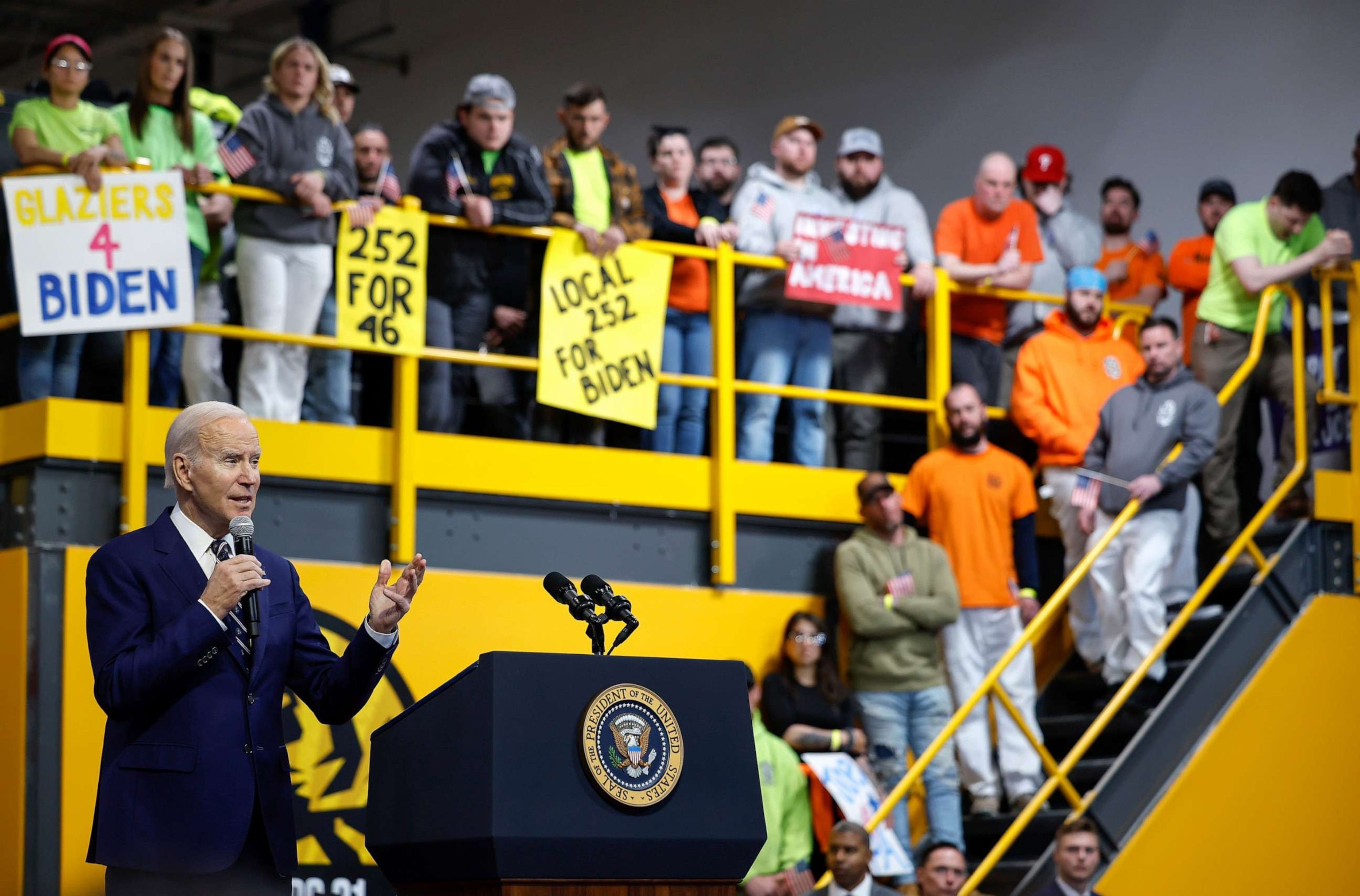 PHOTO: President Joe Biden talks about his proposed FY2023 federal budget during an event at the Finishing Trades Institute on March 09, 2023 in Philadelphia.